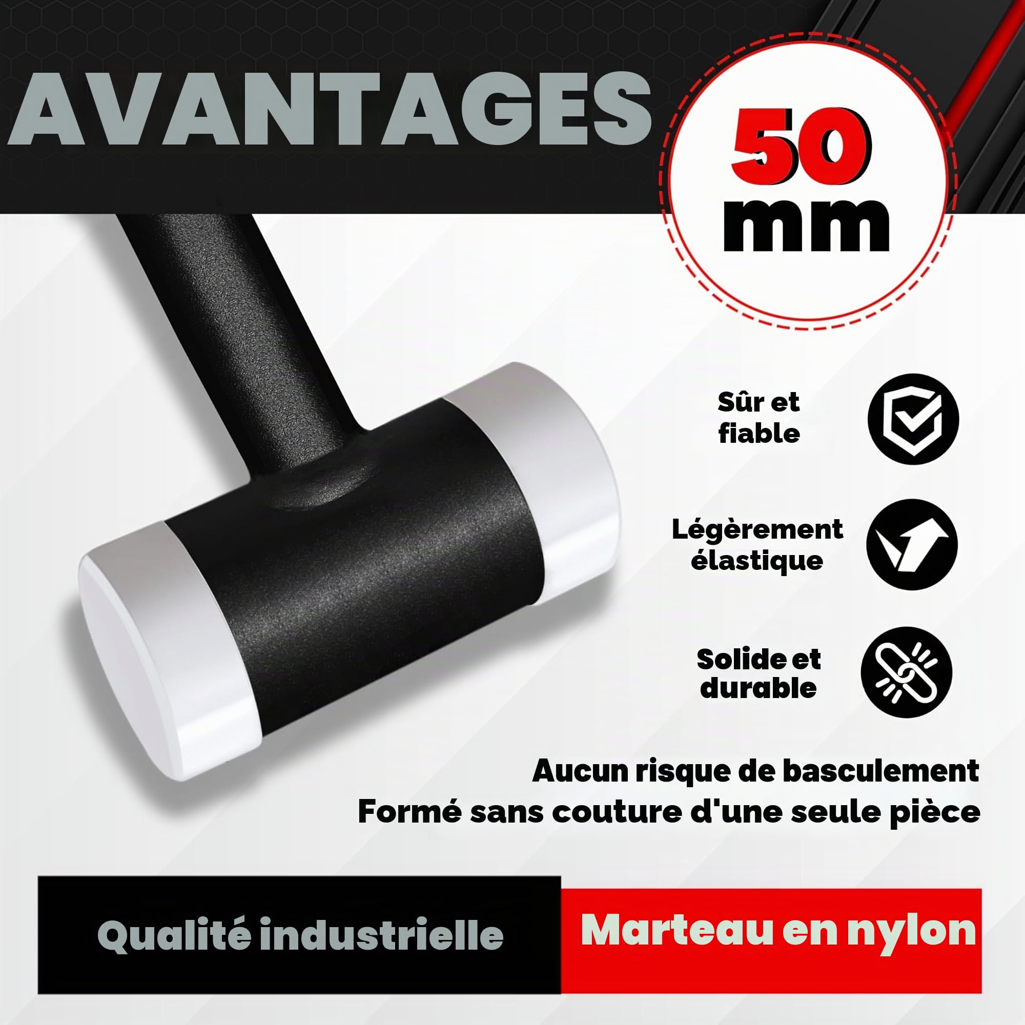 C&T Marteau anti-retour, marteau de protection, maillet souple, diamètre 50 mm, manche en tube d'acier, tête en nylon interchangeable pour l'entretien et le montage