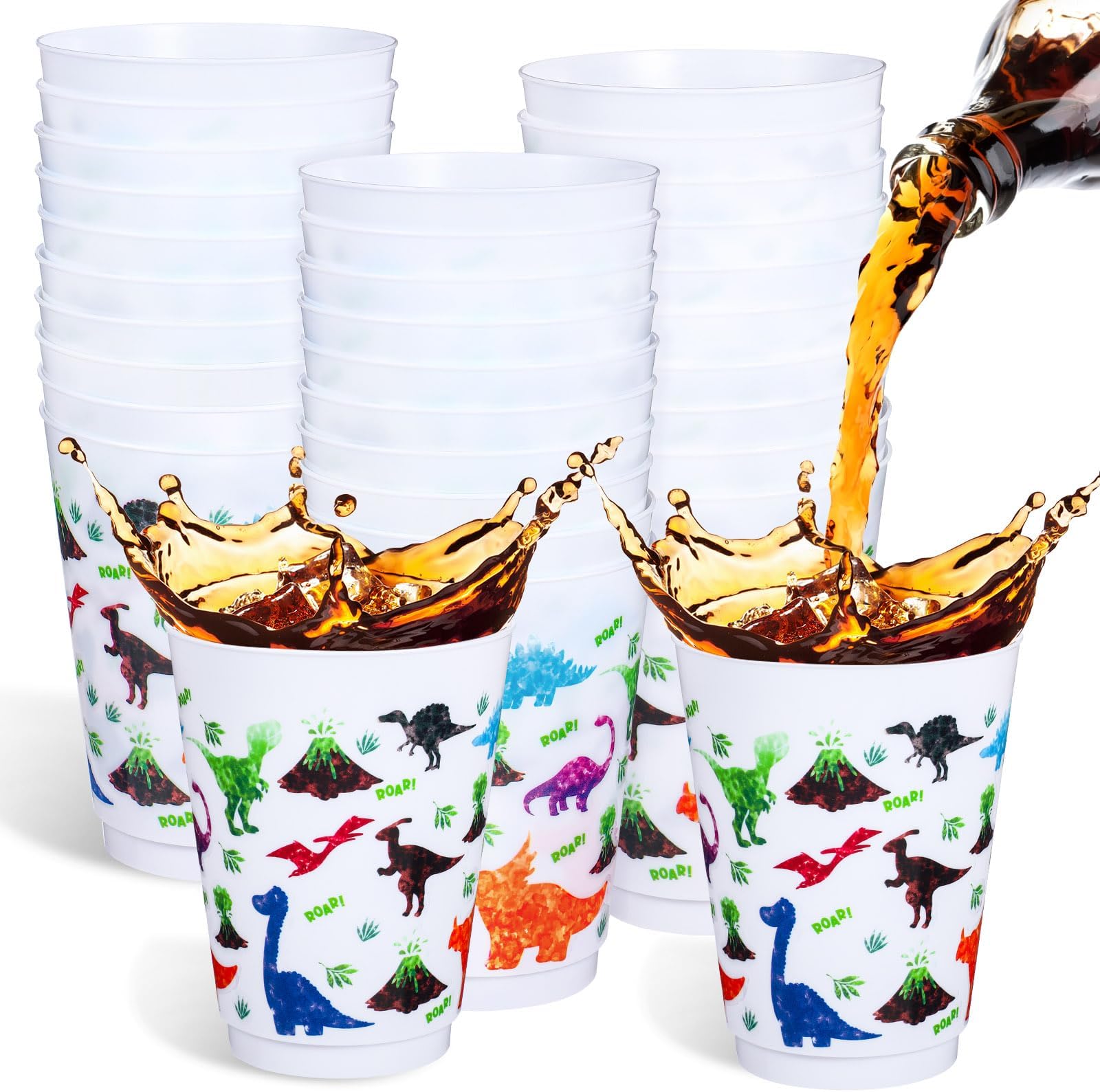 BLUE PANDA 16 Pack Plastic Dinosaur Cups for Kids, Dino Party Favors for Birthday