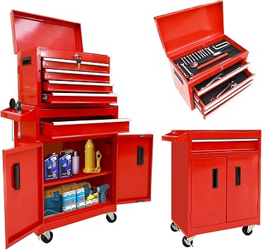 Torin 5-Drawer Rolling Tool Chest Metal Tool Box with Wheels, Removable Top Tool Box, Liner, Adjustable Shelf and Locking Mechanism for Garage Workshop,Red