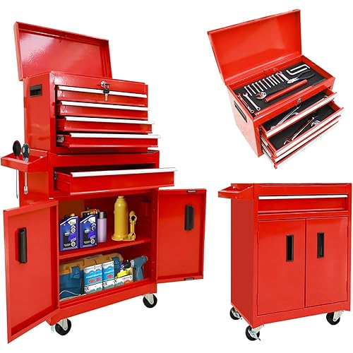 Torin 5-Drawer Rolling Tool Chest: Metal Tool Box with Wheels, Removable Top Tool Box, Liner, Adjustable Shelf and Locking Mechanism for Garage Workshop,Red