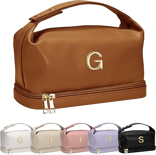 Vista 158 de Regalos Vogewood para mujeres, bolsa de maquillaje personalizada con asa, bolsa de cosméticos inicial de doble capa con organizador de brochas