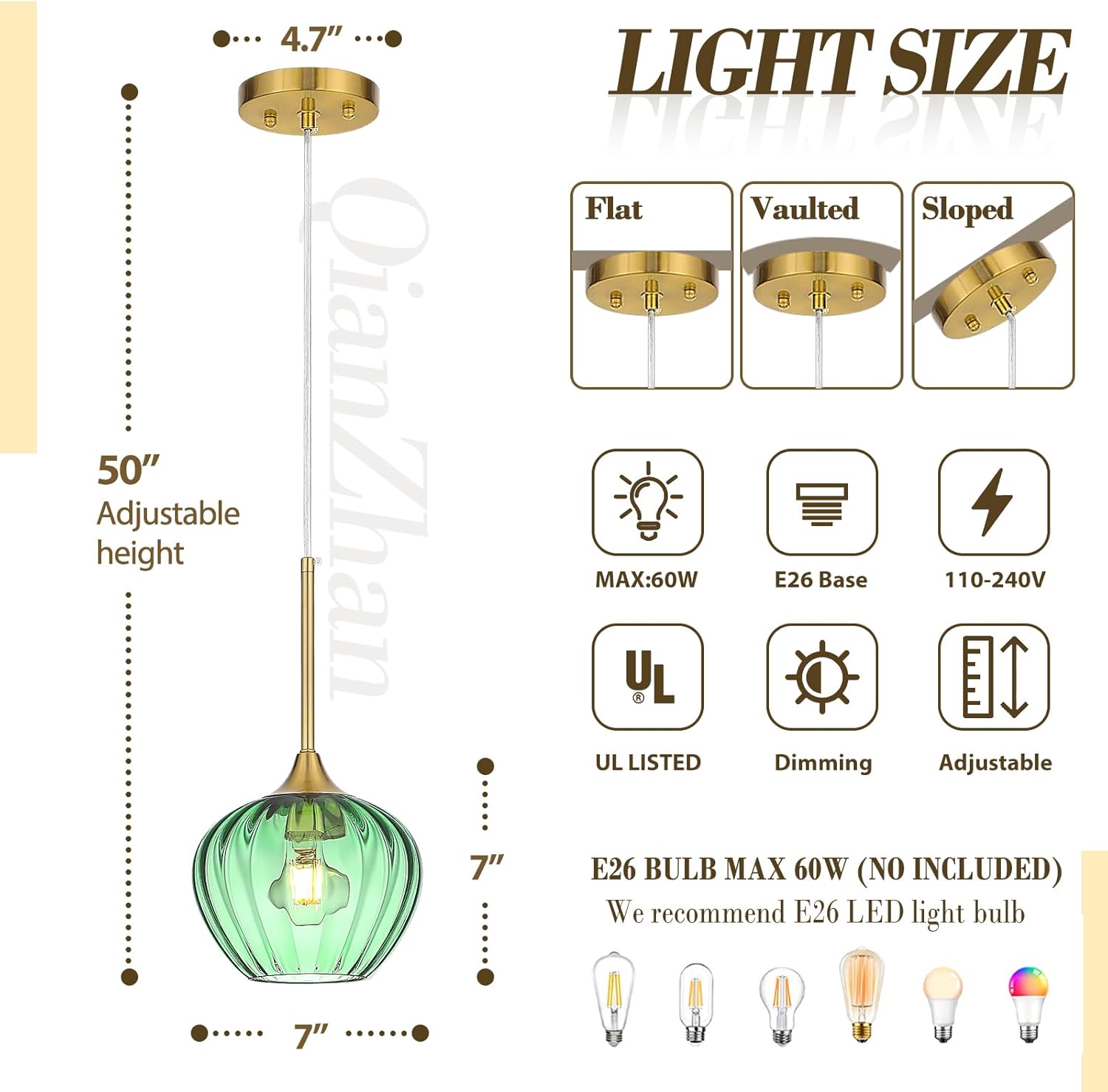 Green Glass Pendant Light, 7 Inch Modern Gold Pendant Lighting Vintage Ceiling Fixtures Mini Hanging Lamp for Kitchen Island Dining Room Restaurant Sink Foyer Entryway