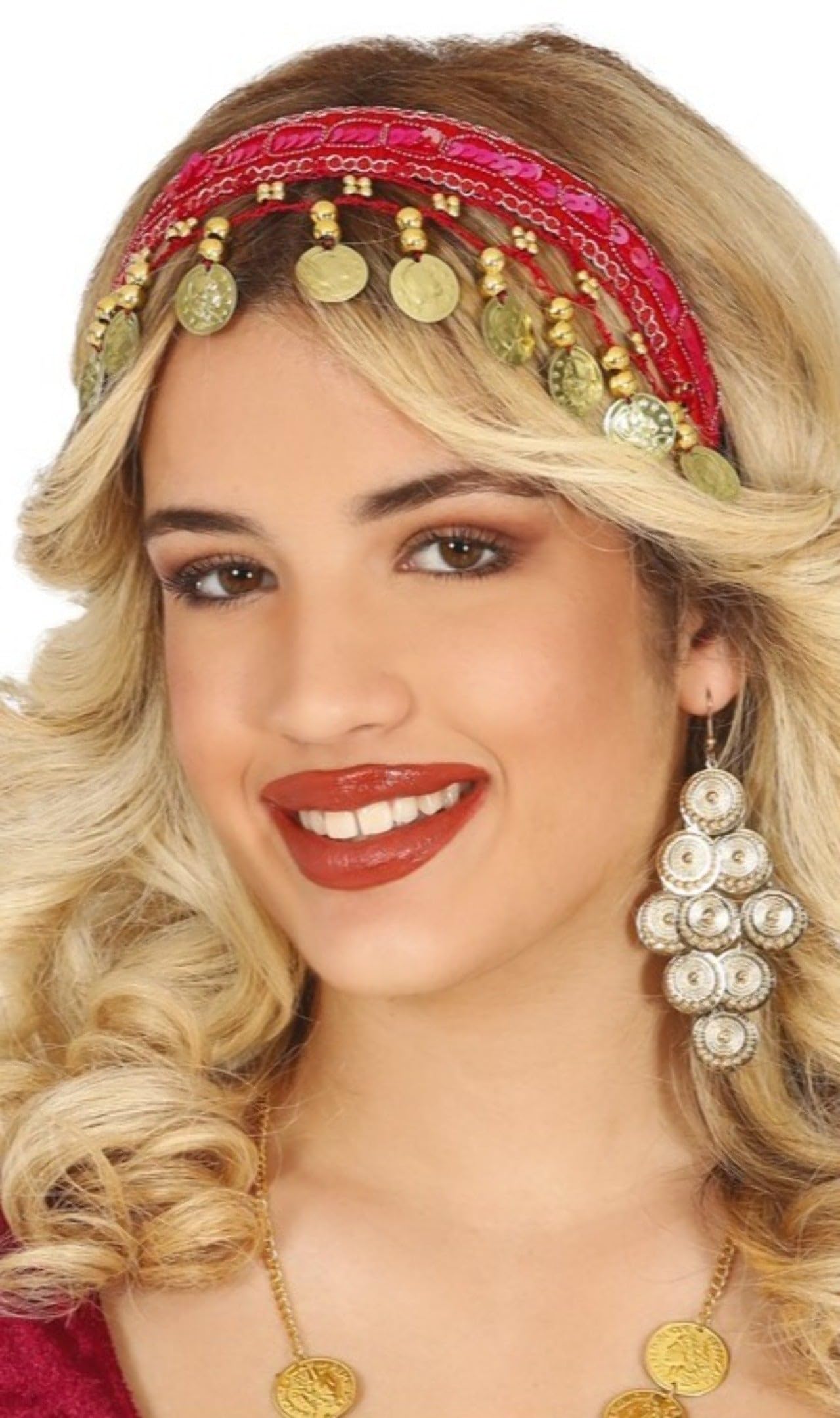 FIESTAS GUIRCA | Red and Metallic Coins Headband (One Size) - Accessory for Desert Princess, Gypsy and Fortune Teller Fancy Dress - Ideal for Parties - Adult Women - Metallic Red