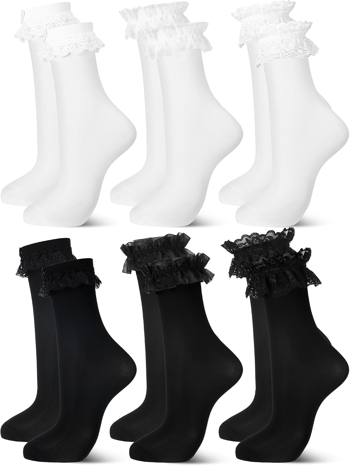 Fourluoo 6 Pairs Women Ruffle Socks Black White Lace Ankle Socks Cute Breathable Thin Cool Frilly Stocking for Girls Women