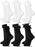 6 Pairs Womens Ankle Socks Casual Ruffle Lace Socks Cute Breathable Thin Cool Frilly Stocking for Girls Women