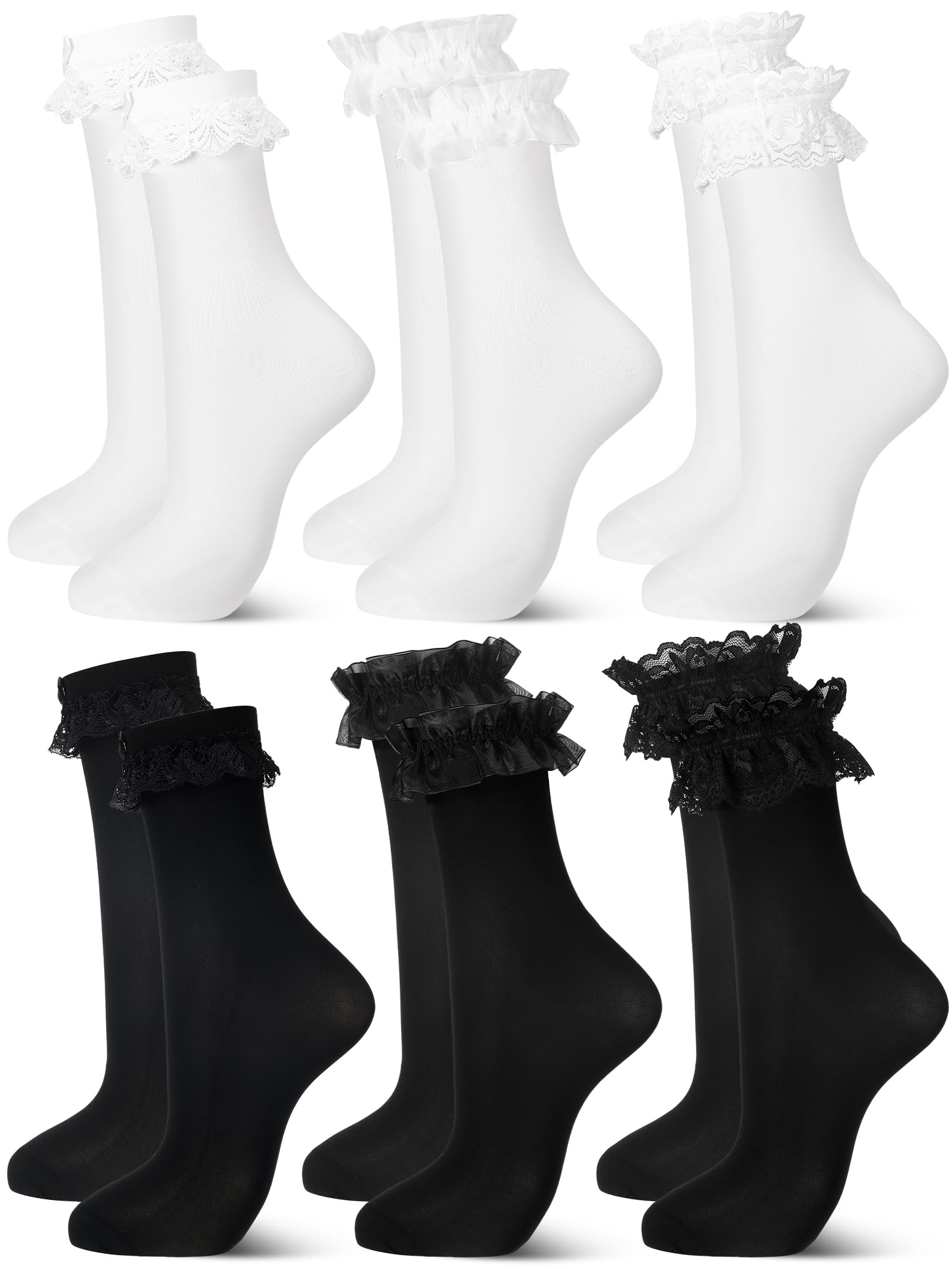 Fourluoo 6 Pairs Women Ruffle Socks Black White Lace Ankle Socks Cute Breathable Thin Cool Frilly Stocking for Girls Women