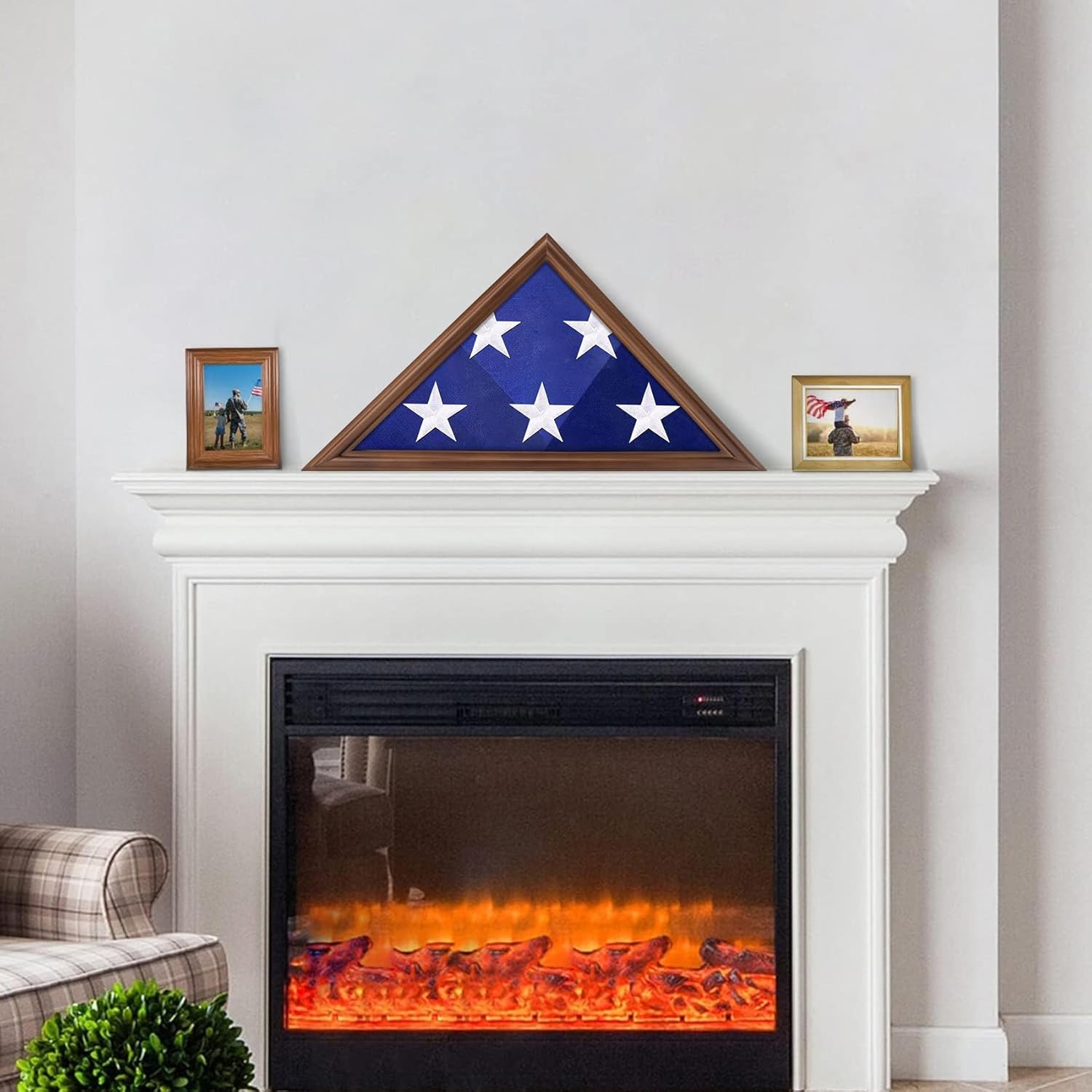 ASmileIndeep Flag Display Case - 5' x 9.5' Funeral & Military Flag Shadow Box with HD Tempered Glass and Wall Mount, Folded Triangle Flag Holder Frame for Veterans, Walnut