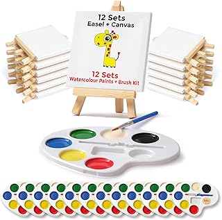 Mini Canvas and Easel Set with Mini Watercolor Paint in Bulk Set of 12 - Kids Art Party Favors & Party Supplies - 4x4" Small Canvases for Painting with Mini Easel - Water Colors Paint for Kids