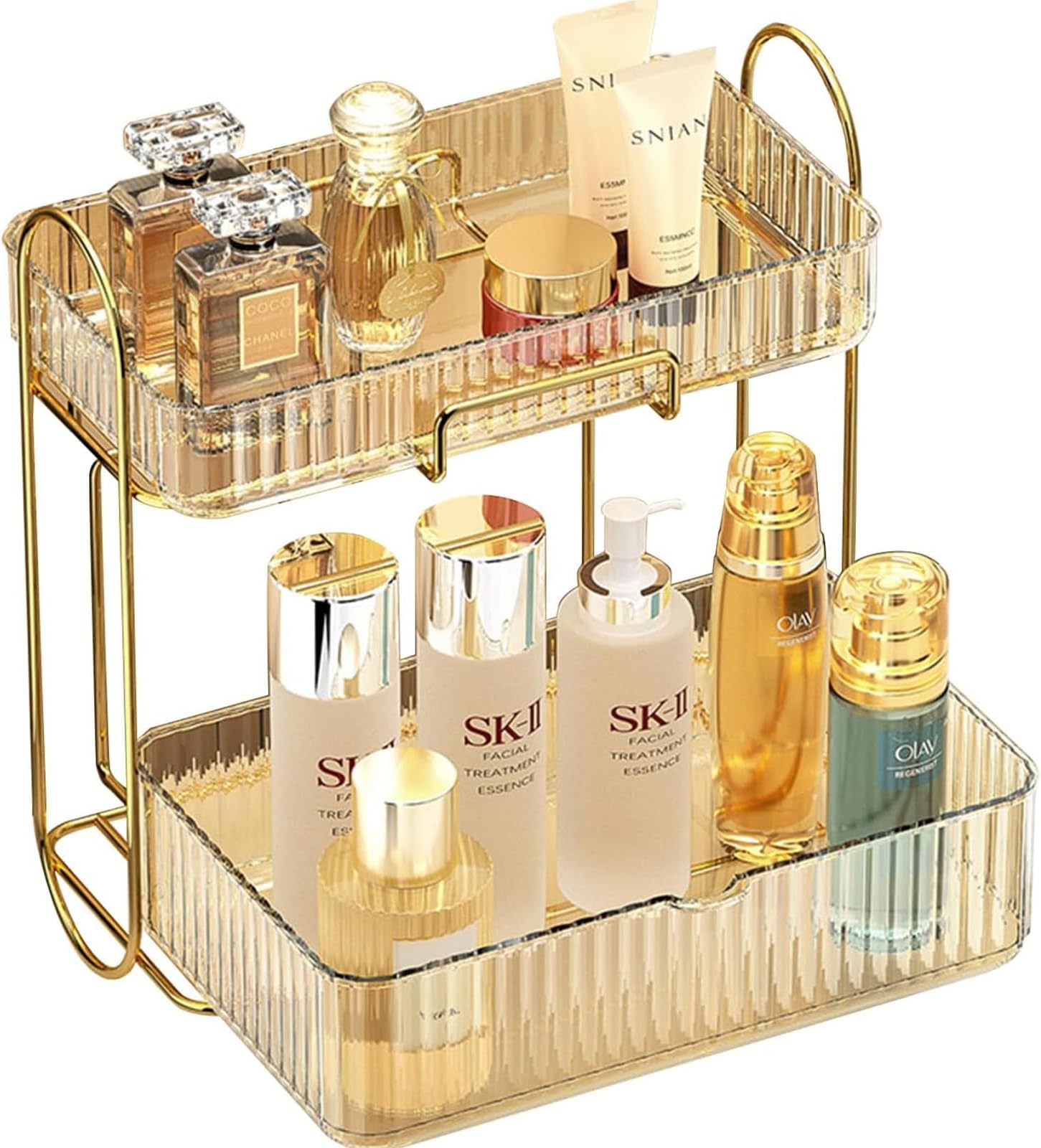Pullable 2-Tier Bathroom Organizer Countertop, Large Capacity Cosmetics Display Shelf Vanity Tray Makeup Skin Care Products Organization Rack for Bedroom, Vanity, Bathroom, Countertop (Amber)
