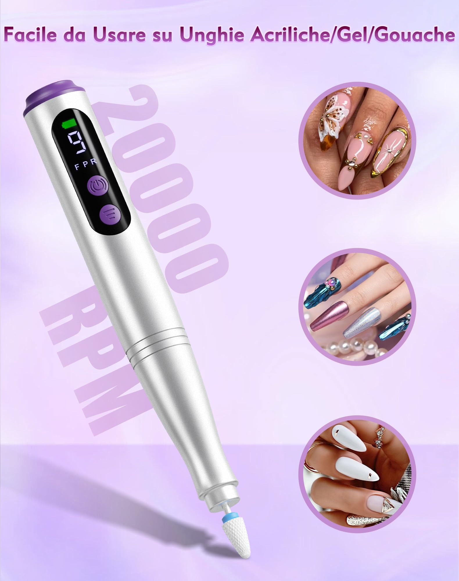 Fresa per Unghie Professionale 20000 Giri/min, Lima per Unghie Elettrica 12 in 1 con Display LCD, 9 Velocità Regolabili, Micromotore Unghie Ricaricabile per Manicure e Pedicure