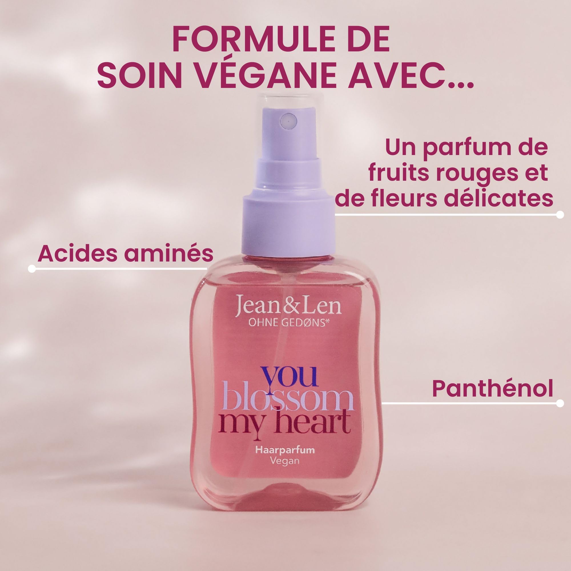 Jean & Len Parfum capillaire You Blossom My Heart - floral et fruits rouges - Formule nourrissante - Convient à tous les types de cheveux - N'alourdit pas les cheveux - végétalien - Sans
