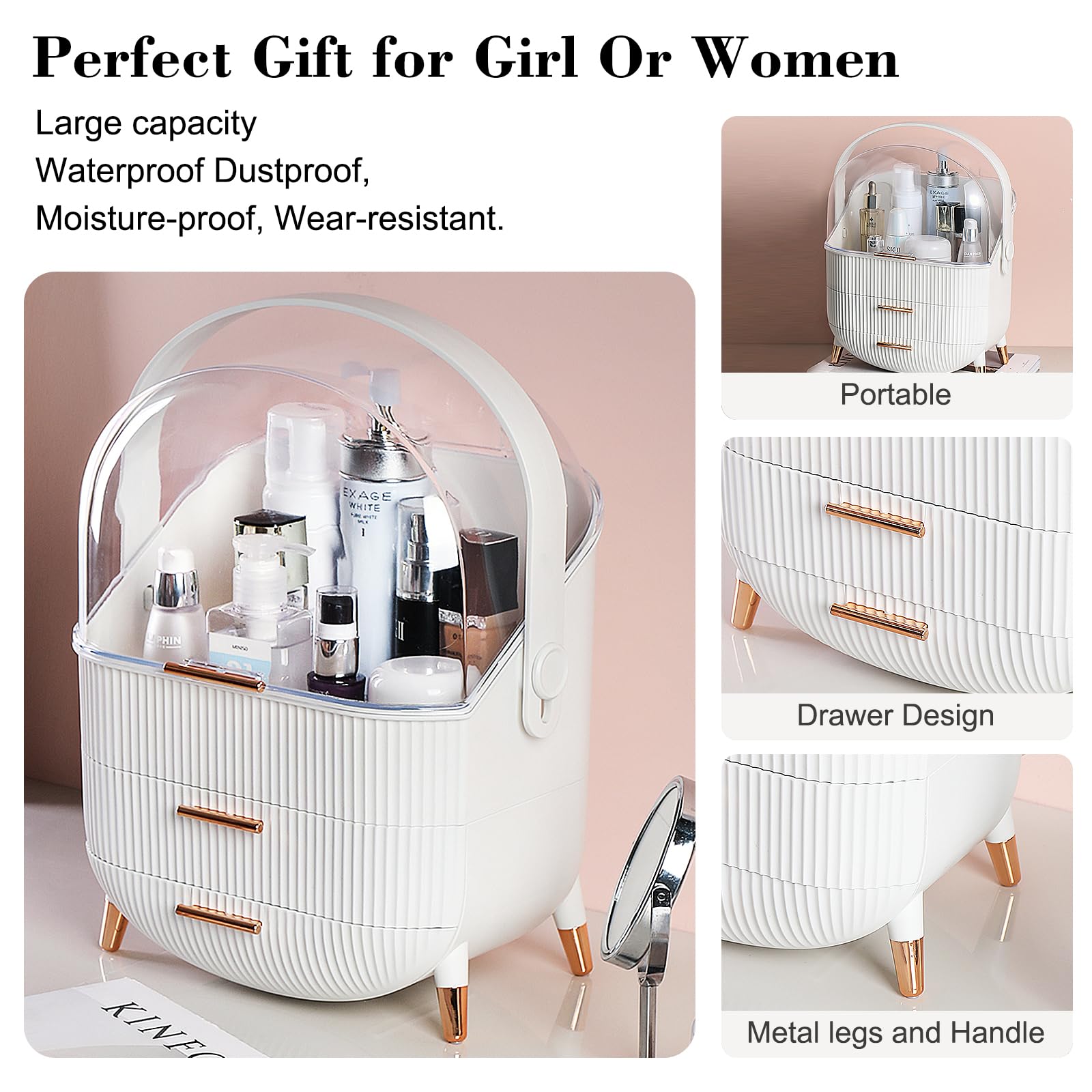 UCAMP Organizador Maquillaje,Organizador de Maquillaje con soporte para brochas,de plástico de 3 niveles con asa y tapa transparente,soporte Organizador Cosmeticos impermeable y a prueba de polvo