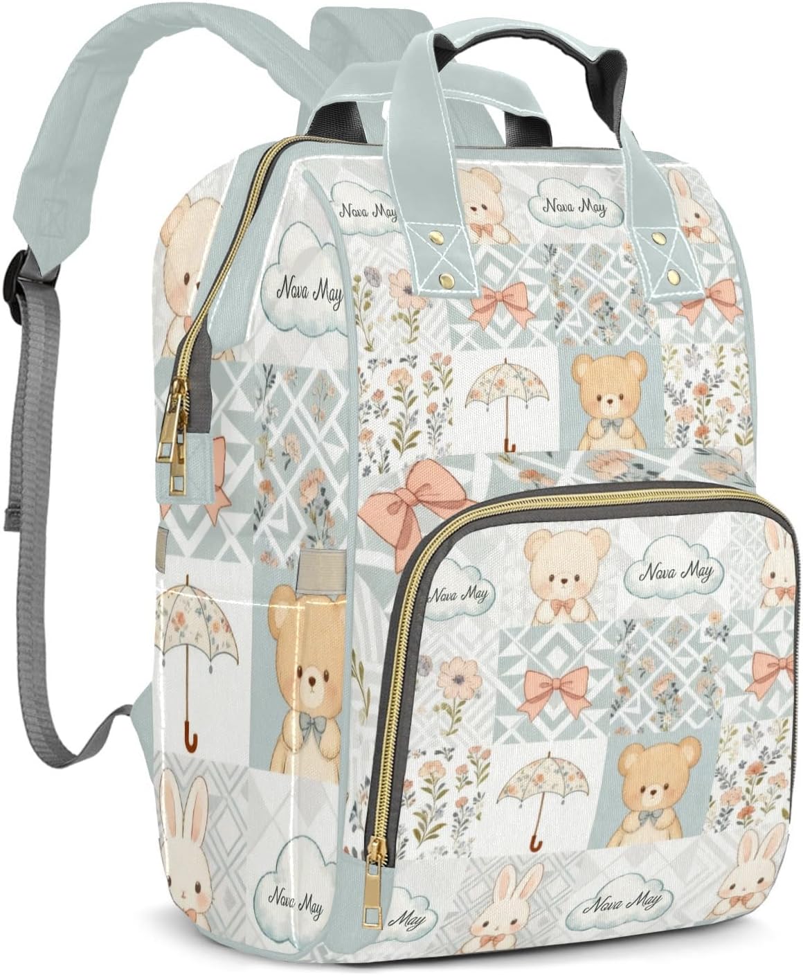Customizable Large Capacity Patchwork Bear Clouds Bows Diaper Bag Personalized Name,Waterproof Multi-Function Mommy Bag with Thermal Pockets for Girls Boys