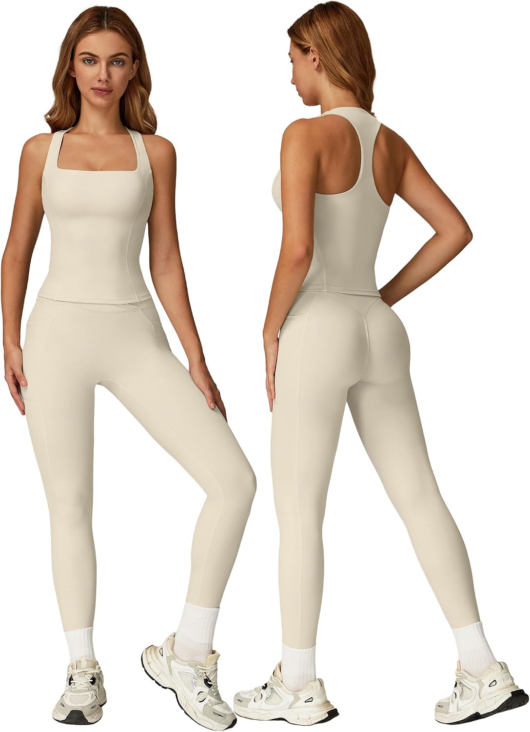 OMEWEE Workout sets for women 2 piece Padded Tank Top and Anti-squat leggings with Pockets gym yoga Outfits