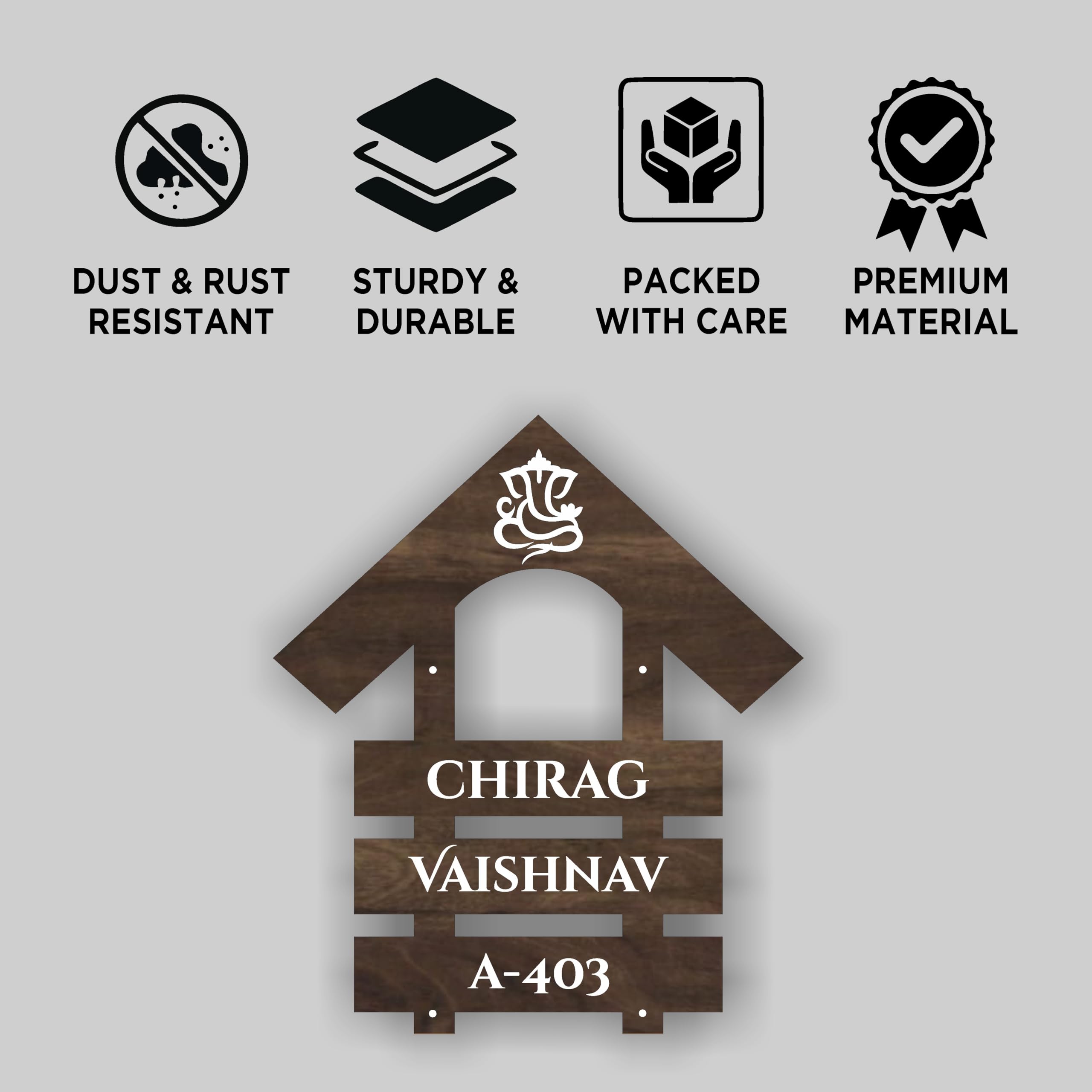 ABAJ Wooden Personalized Name Plate (14*12 Inch) for Home Entrance | Stylish Look & Clear Visible | with 3D Letters | Ideal for Indoor House Villa Bungalow & Flat | Brown with White Letters (CHIRAG) — Amazon image 4
