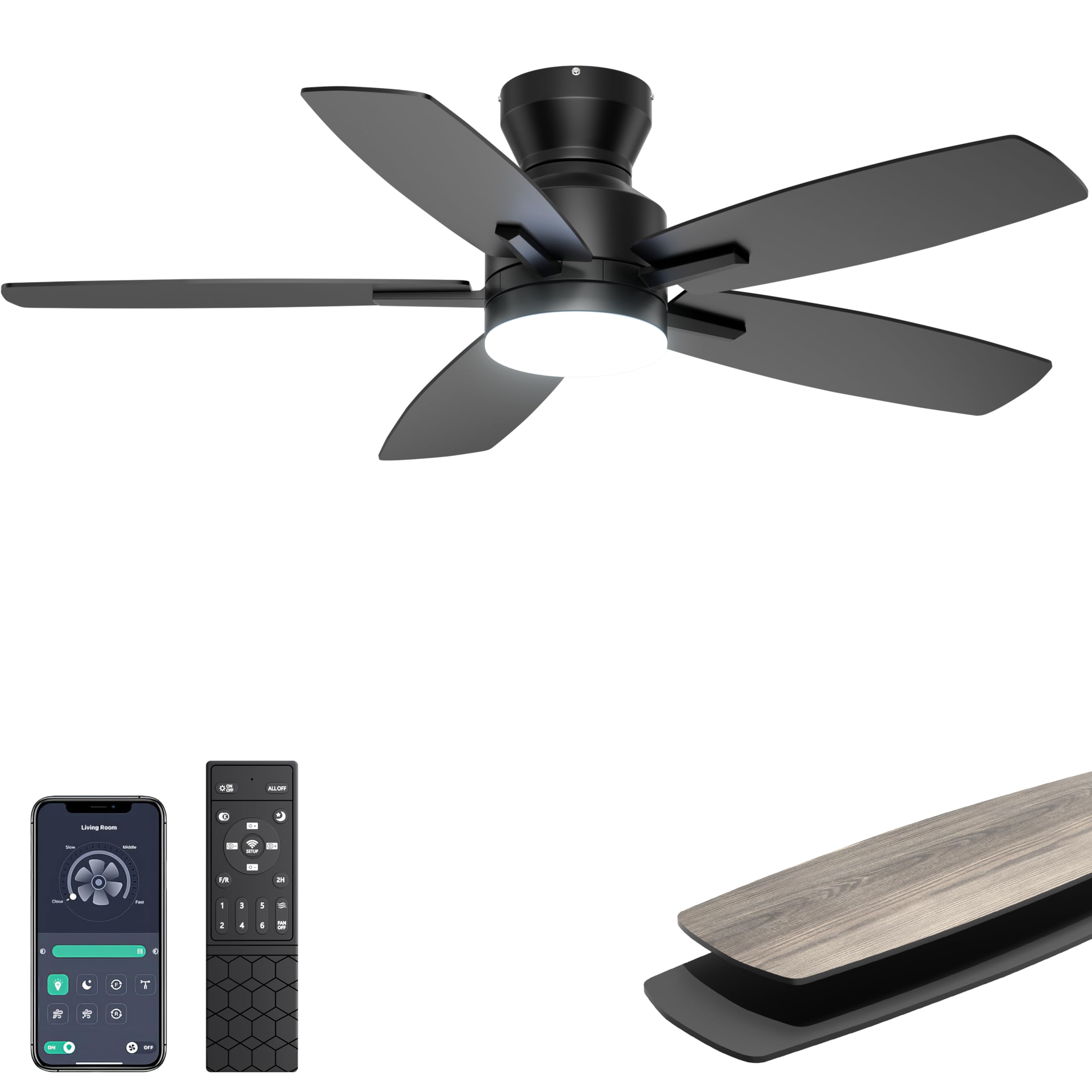Ohniyou 106 cm Ventilador de Techo con Luz Silencioso, Mando a Distancia y APP Control, Luz Regulable, Ventiladores de Techo Moderno Reversible para Dormitorio Terraza Interior Exterior, Negro Global Recycled Standard Global Recycled Standard Global Recycled Standard