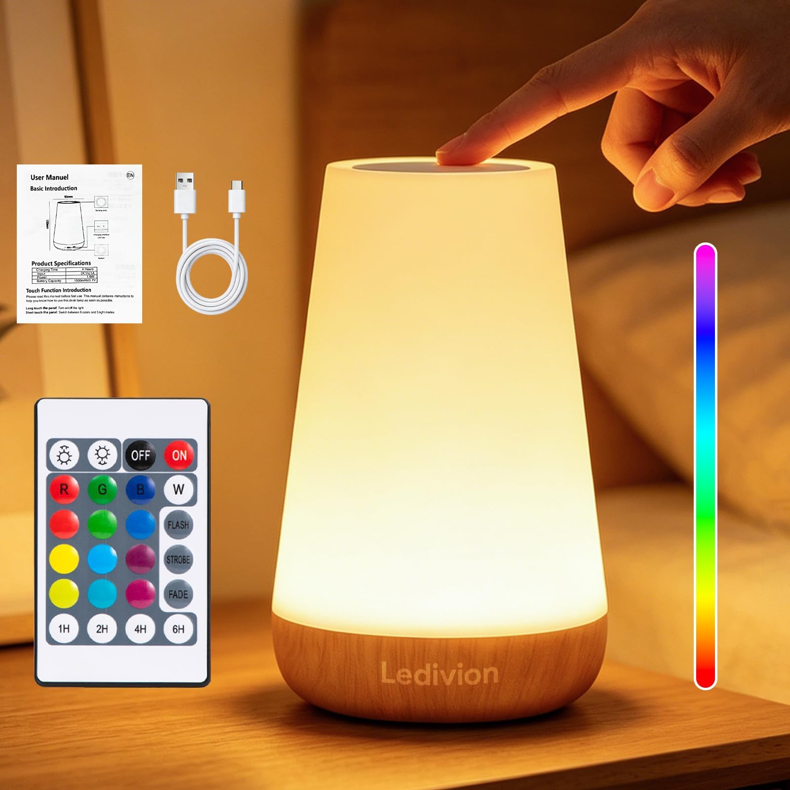 Night Light, LED Touch Bedside Table Lamp, RGB Colours Changing, 5 Brightness Level Switch, Timing Function, Rechargable Remote Control Dimmable Light for Bedroom, Living Room