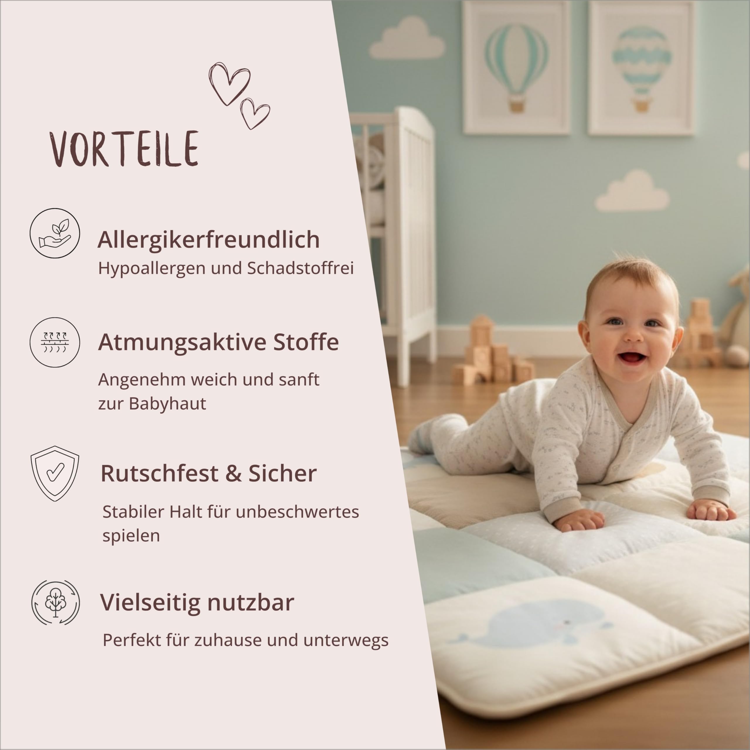 Krabbeldecke für Baby 120x120cm, 100% Baumwolle Oeko-TEX, weich gepolstert Antirutsch Krabbelmatte, Spielteppich und Spielmatte, ideal als Spieldecke und Babydecke