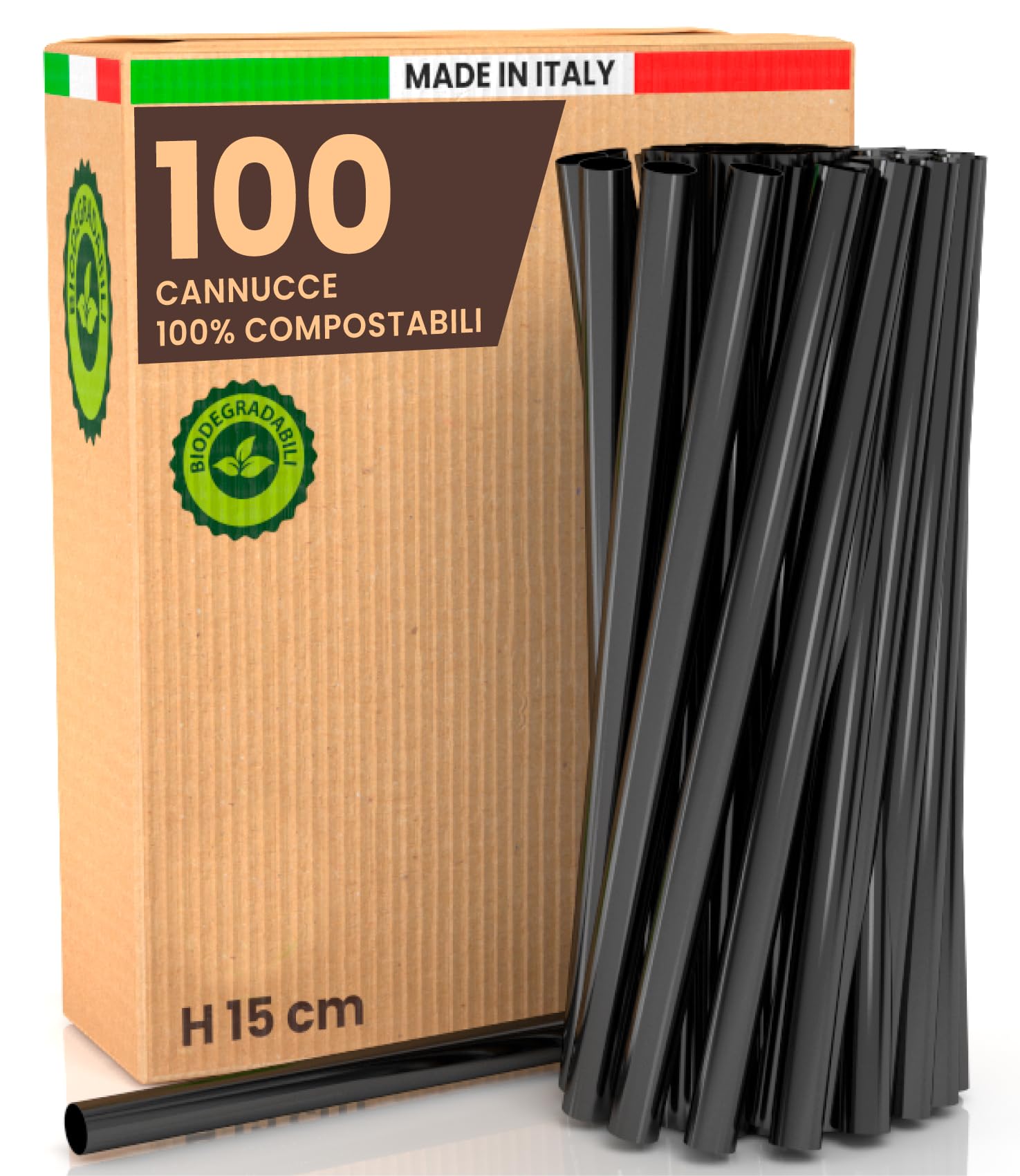 100 Cannucce Larghe Jumbo Colore Nero 15 cm x 8 mm - 100% Rigide Ecologiche Biodegradabili Compostabili e Riutilizzabili Made in Italy - Ideali per Bevande Cocktail Drink Eventi e Feste