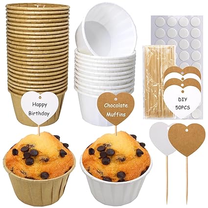 BLUE TOP 2 IN 1 100PCS Curling Cupcake Liners and 50PCS DIY Heart Cake Topper Set, Muffin Baking Cupcake Liners Holders, Baking Cups, Cupcake Wrapper