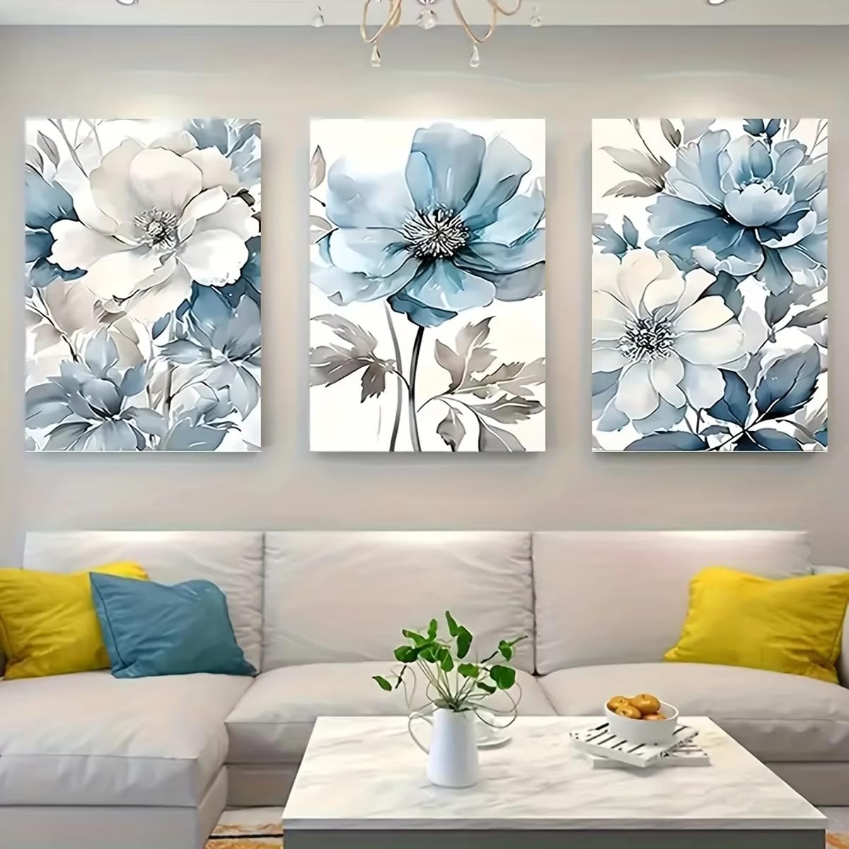 AEFOUU 3 láminas de arte floral en lienzo, azules y blancas, con elegantes diseños modernos para la decoración de salas de estar, dormitorios, oficinas en casa y cafeterías (70x100cm/marco interno)