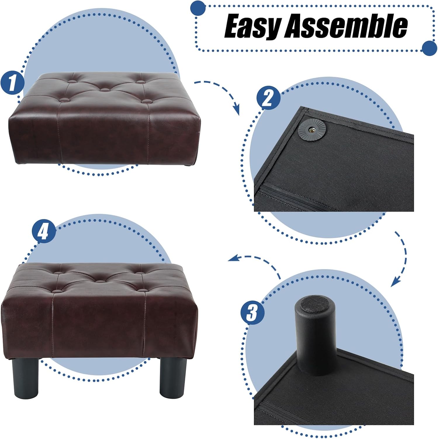 BRIAN & DANY Small Foot Stool, Leather Foot Stools with Legs, Stable Small Footstool for Living Room, Brown