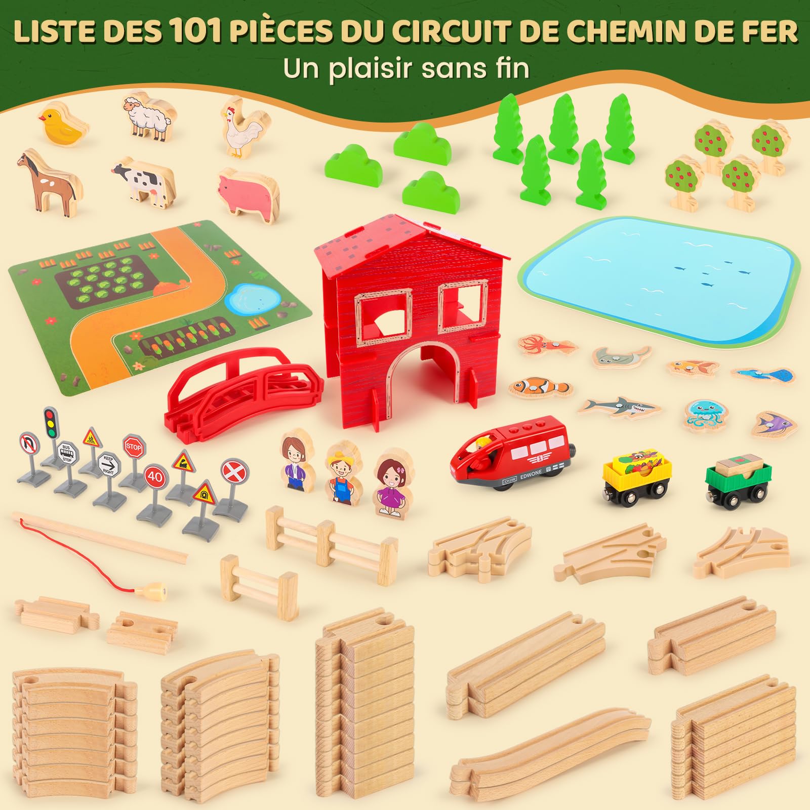 Circuit Train Bois 100 Pièces Circuit Voiture Bois Thème de la Ferme Train Enfant avec Un Trainminiature, Un Étang et des Petits Animaux pour Enfants 4 5 6 7 8 Ans