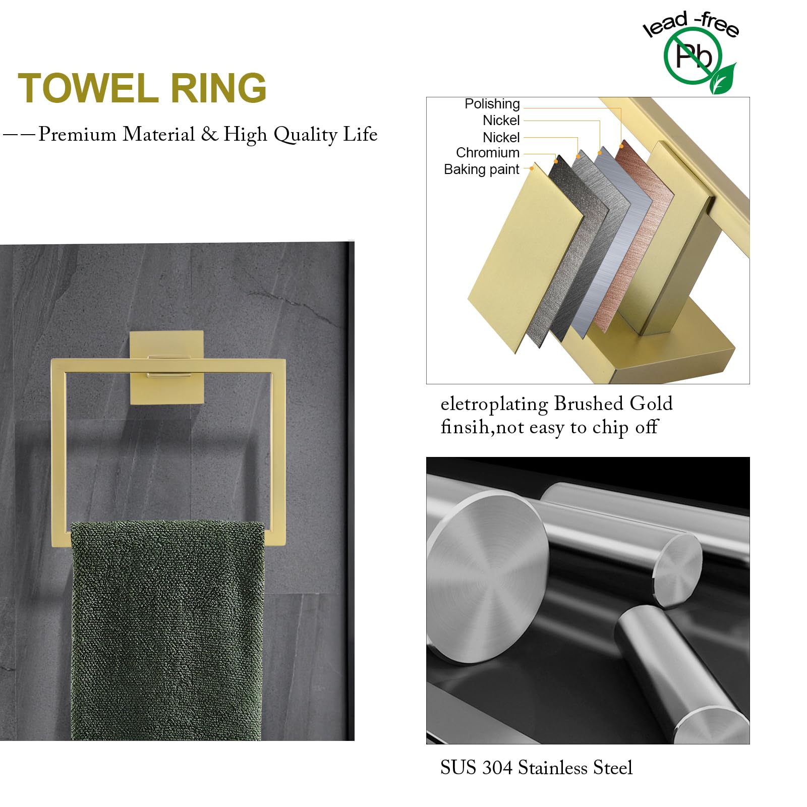 Set di 6 pezzi di accessori da bagno in oro chiaro spazzolato Set di portasciugamani doppio barra portasciugamani anello appendiabiti e porta carta igienica con mensola Set di accessori da bagno