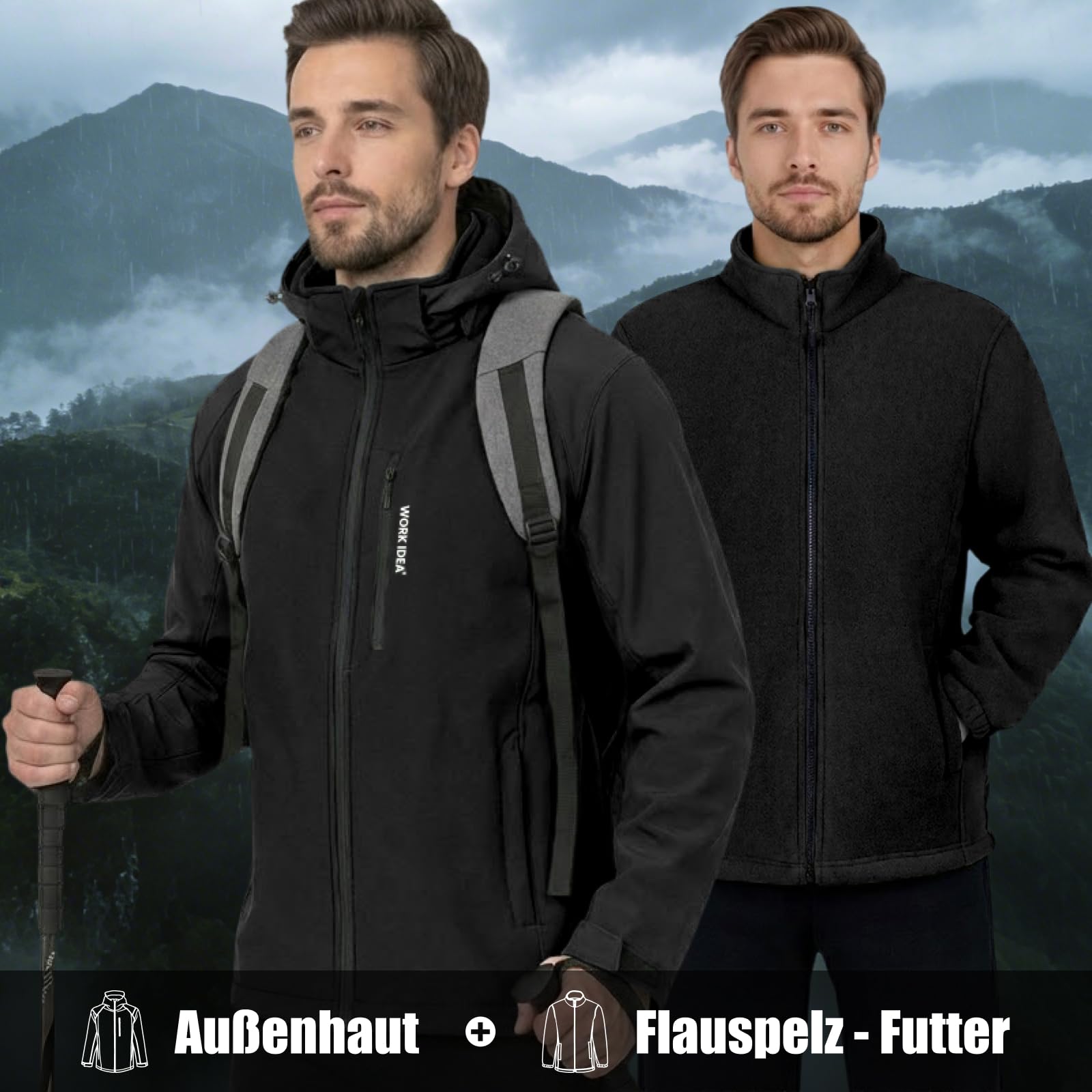 WORK IDEA Herren 3-in-1 Jacke, Wasserdicht (10000 mm Wassersäule), Atmungsaktiv, Winddicht mit Kapuze und Fleece-Innenjacke - Funktionsjacke für Wandern, Fahrrad, Camping und Outdoor