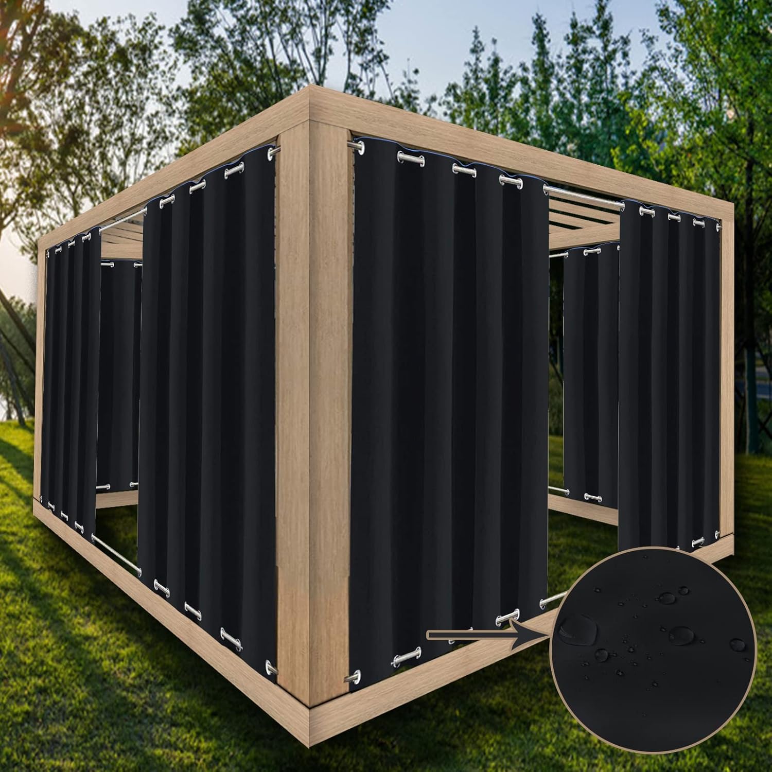 Patio Outdoor Curtain Sun Block Windproof Window Curtains Waterproof Blackout Curtains for Garden Bedroom Drapes Porch Gazebo Black (Width X High) W55 X H57 x 1PC