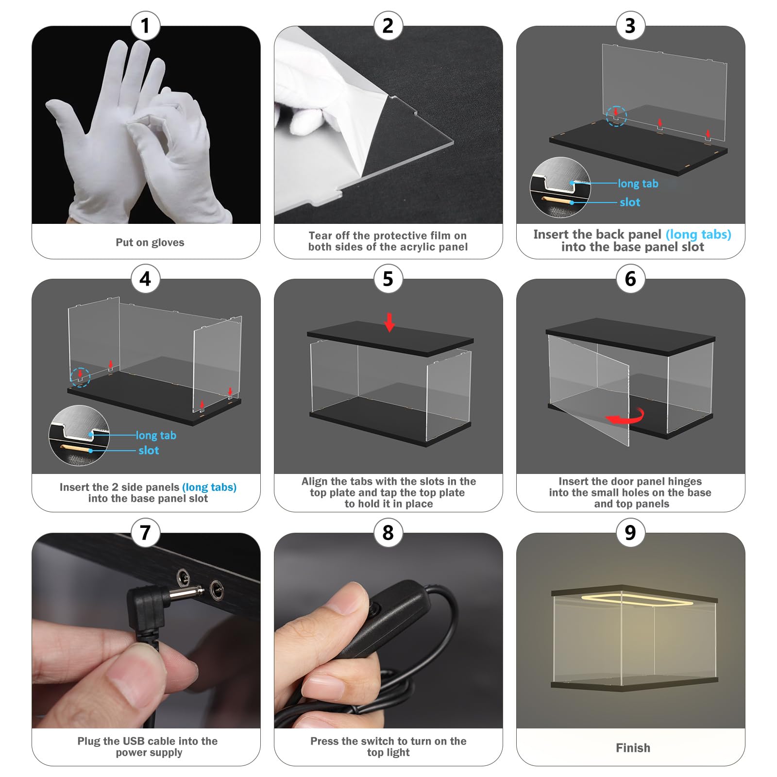 Vitrina Expositora con Luz, Transparente Vitrina Acrílica para Lego 11375 10337 10295 42204 10330 Modellini Auto , Antipolvo Expositor Metacrilato Caja para Coleccionables, 40x20x20cm, Negro