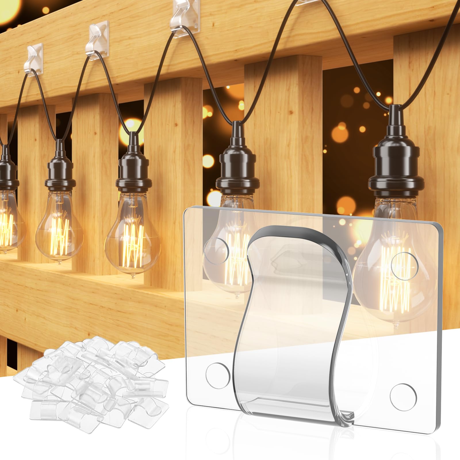 Ganci per Luci Esterne Clip per Cavi da Esterno, 60 Pezzi Clip Adesive Trasparenti Ganci Autoadesivi Fermacavi per Luci Esterne, Cavi, Decorazioni Festive - Gancio Singolo