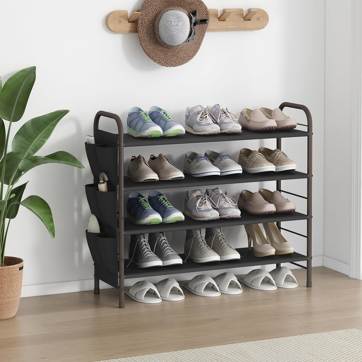 SUOERNUO Shoe Rack Storage Organizer 4 Tier Free Standing Metal Shoe Shelf Compact Shoe Organizer with Side Bag for Entryway Closet Bedroom,Bronze image 2