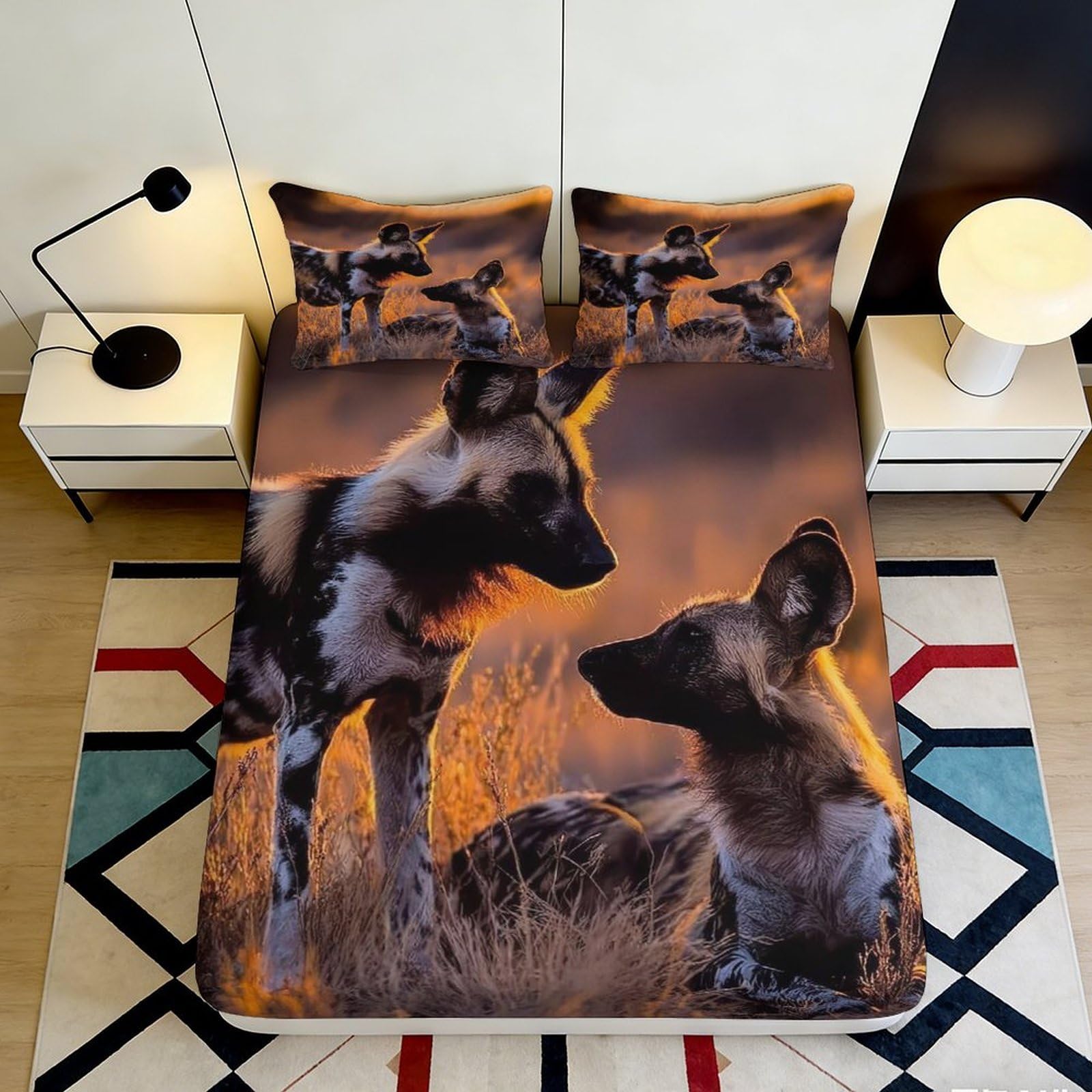 3D Printed Wild African Dog Fitted Sheet Microfiber Soft Animal Sunset Bed Cover for Bedroom Dorm Decor 90x200x25cm