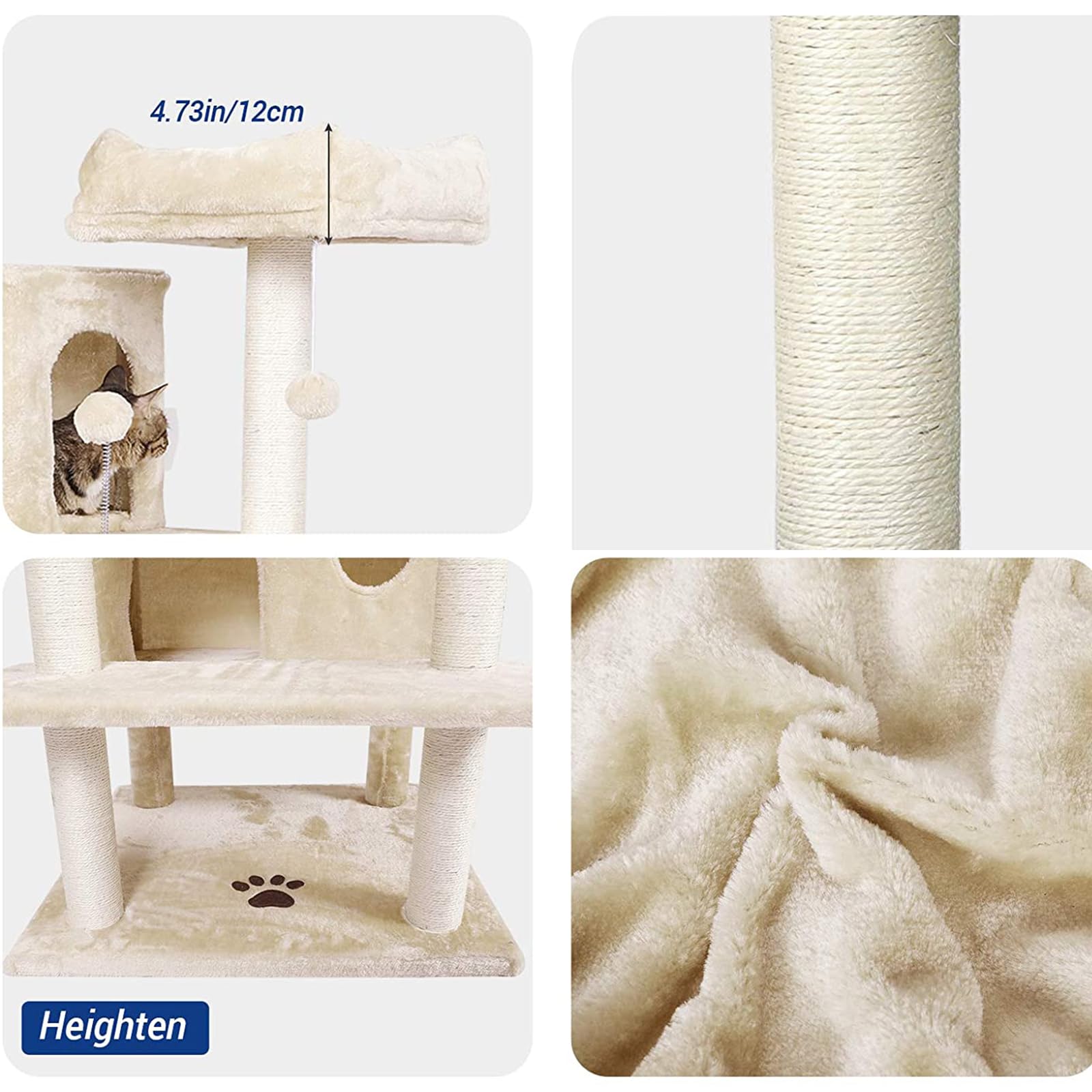 MSmask Kratzbaum groß XXL, 175cm Katzenbaum Katzen stabil mit 3 großer Aussichtsplattform, Sisal-Kratzstangen (Beige)