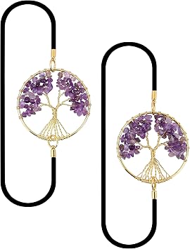 Yoption 2 Pack Tree of Life Elastic Bookmark, Golden Vintage Bookmarks with Amethyst Crystals Healing Stone Beaded Pendant for Student Teacher Graduation Mothers Day Christmas Gift