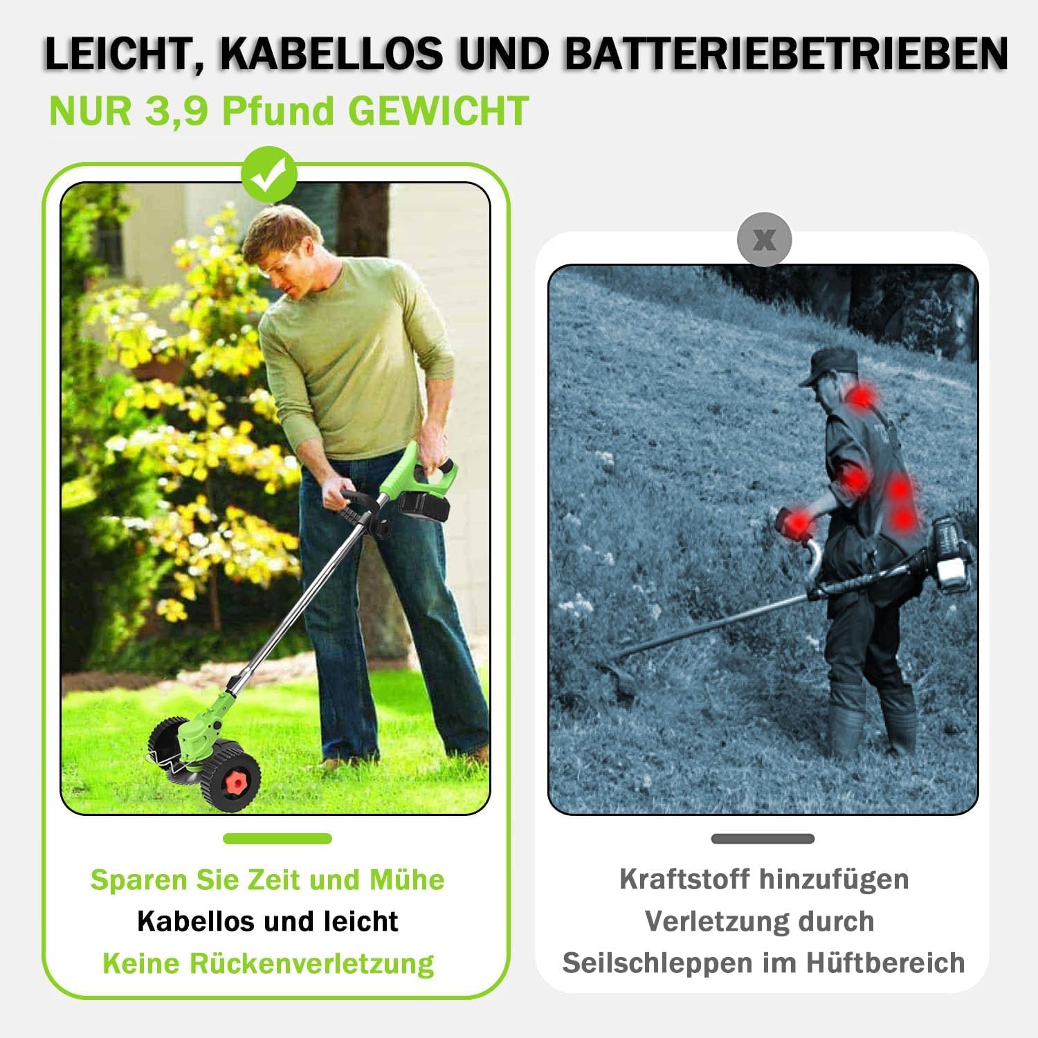 Akku-Rasentrimmer 21V 4.0Ah Elektrischer Trimmer Garten-Unkraut-Trimmer Kantenfräser 3 Klingen
