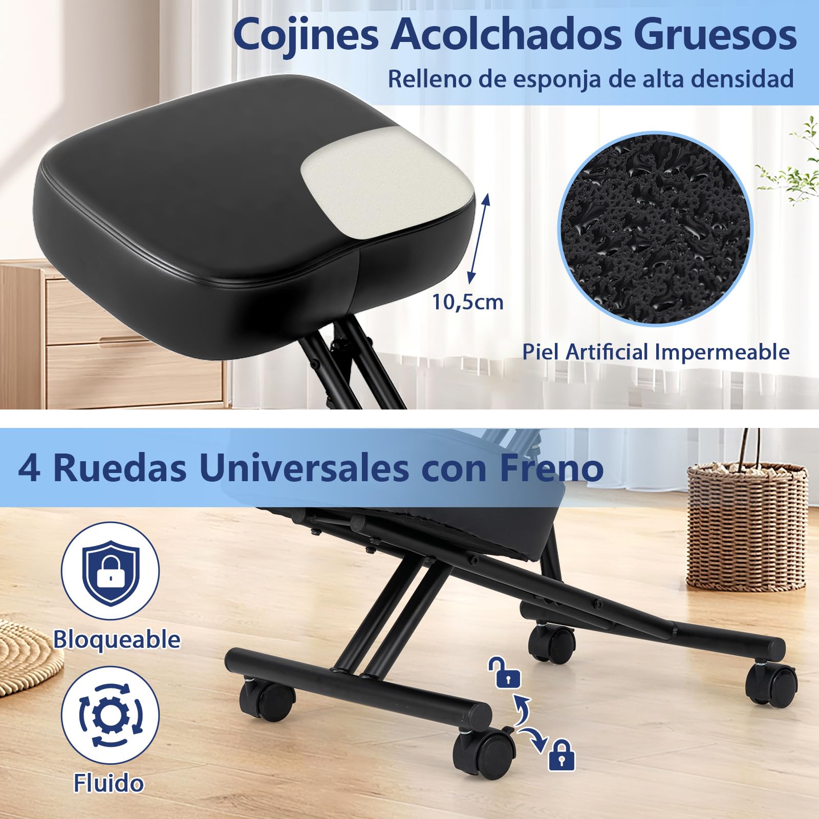 COSTWAY Silla Ergonomica Rodillas, Ajustable en Altura, Cojines de Espuma, Taburete Corrector de Postura con Asiento Inclinado para Aliviar el Dolor, Silla de Oficina con Ruedas Universales