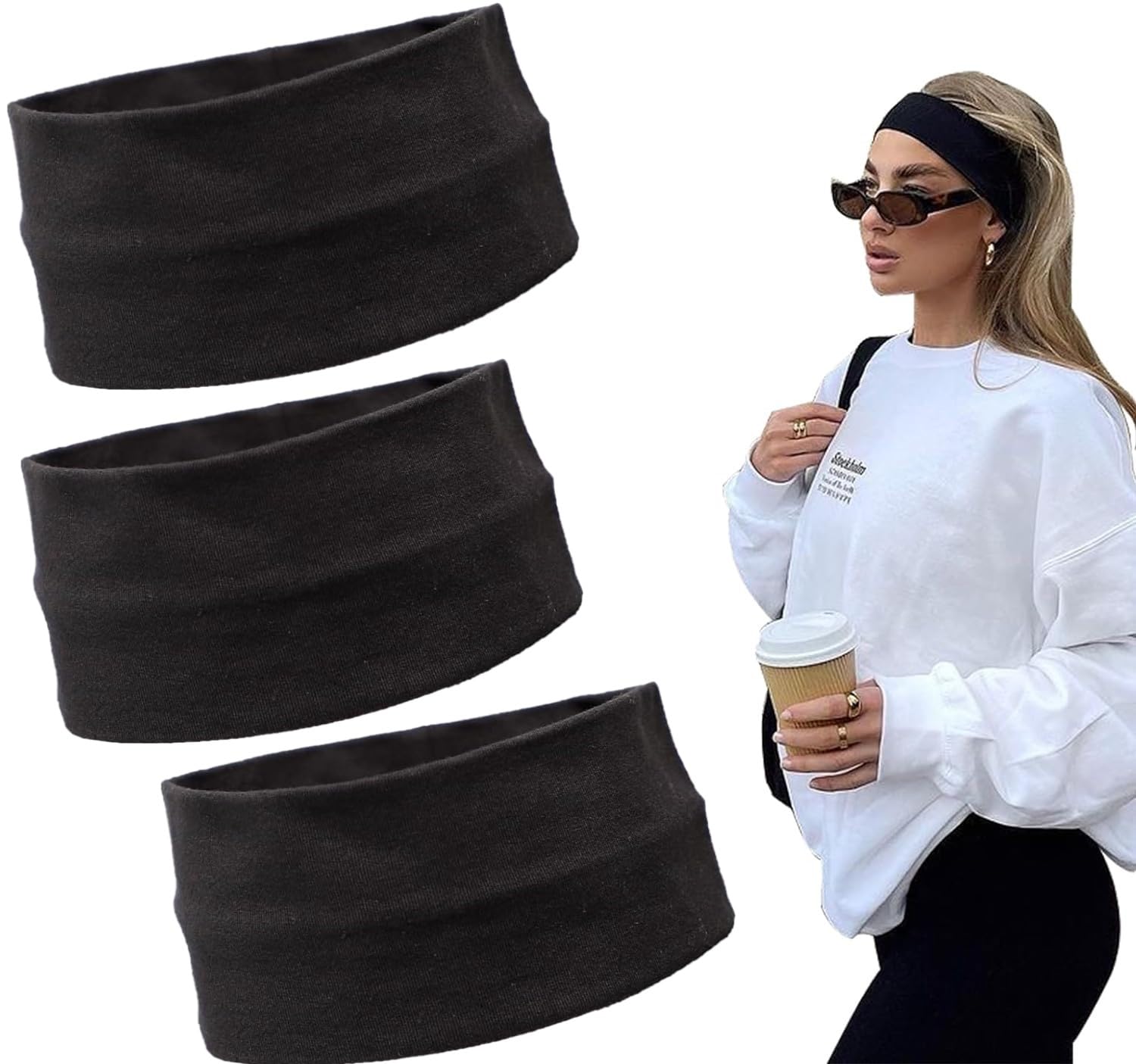 Headbands for Women 3 Pack Elastic Hair Bands for Women' Hair,Non Slip Sports Headband Soft Cotton Stretchy Headbands Hair Accessories (Black, Large)