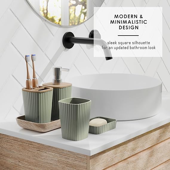 Clara Clark Bathroom Accessories Set - Bathroom Accessory Set with Shower Curtain Set, Toilet Brush, Trash Can & Soap Dispenser (Sage Green, Complete Set)