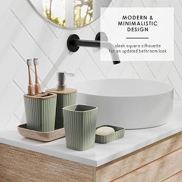 Clara Clark Bathroom Accessories Set - Bathroom Accessory Set with Shower Curtain Set, Toilet Brush, Trash Can & Soap Dispenser (Sage Green, Complete Set)