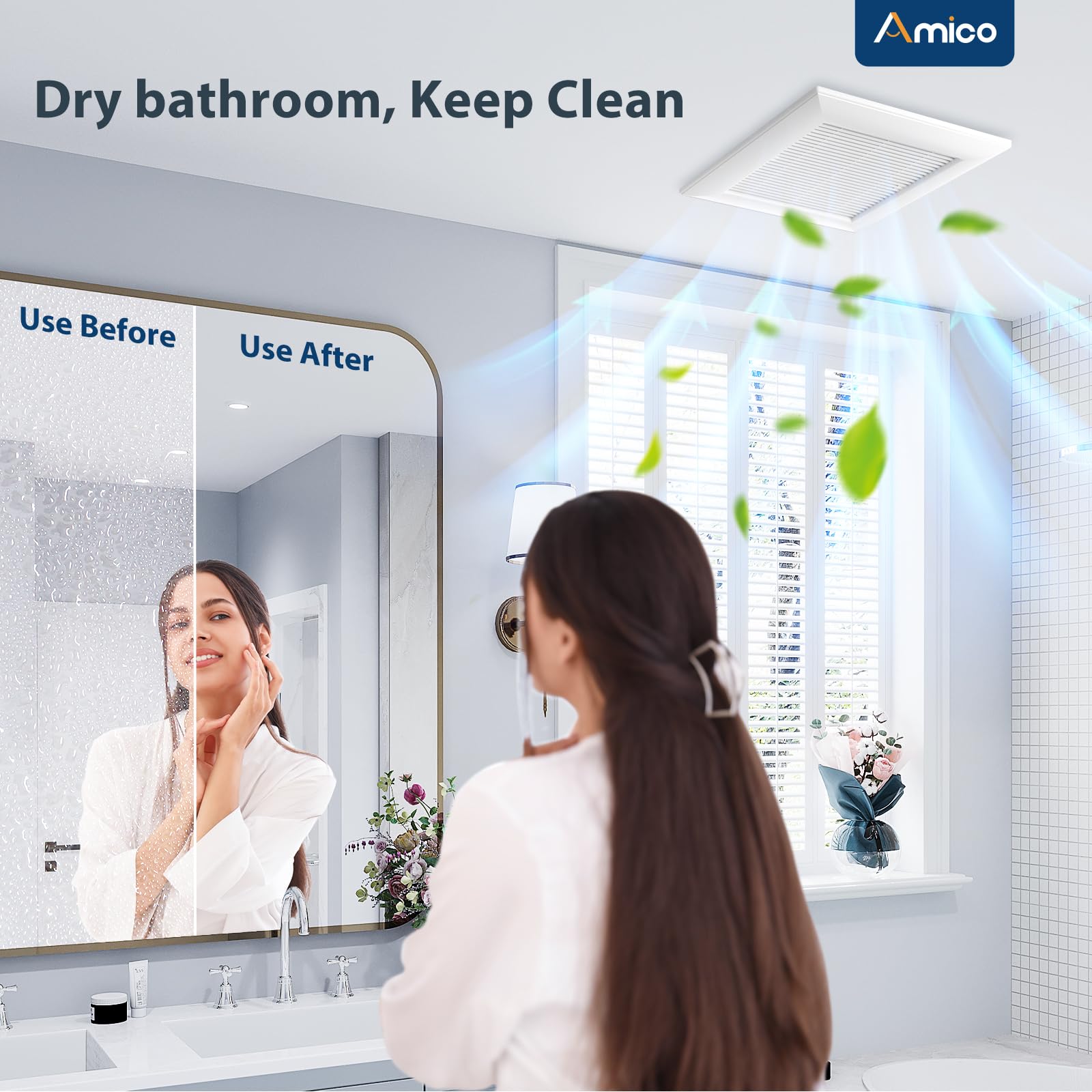 Amico Extracteur d'air de salle de bain 110 CFM, silencieux, montage au plafond, sans accès au grenier, facile à installer, certifié ETL