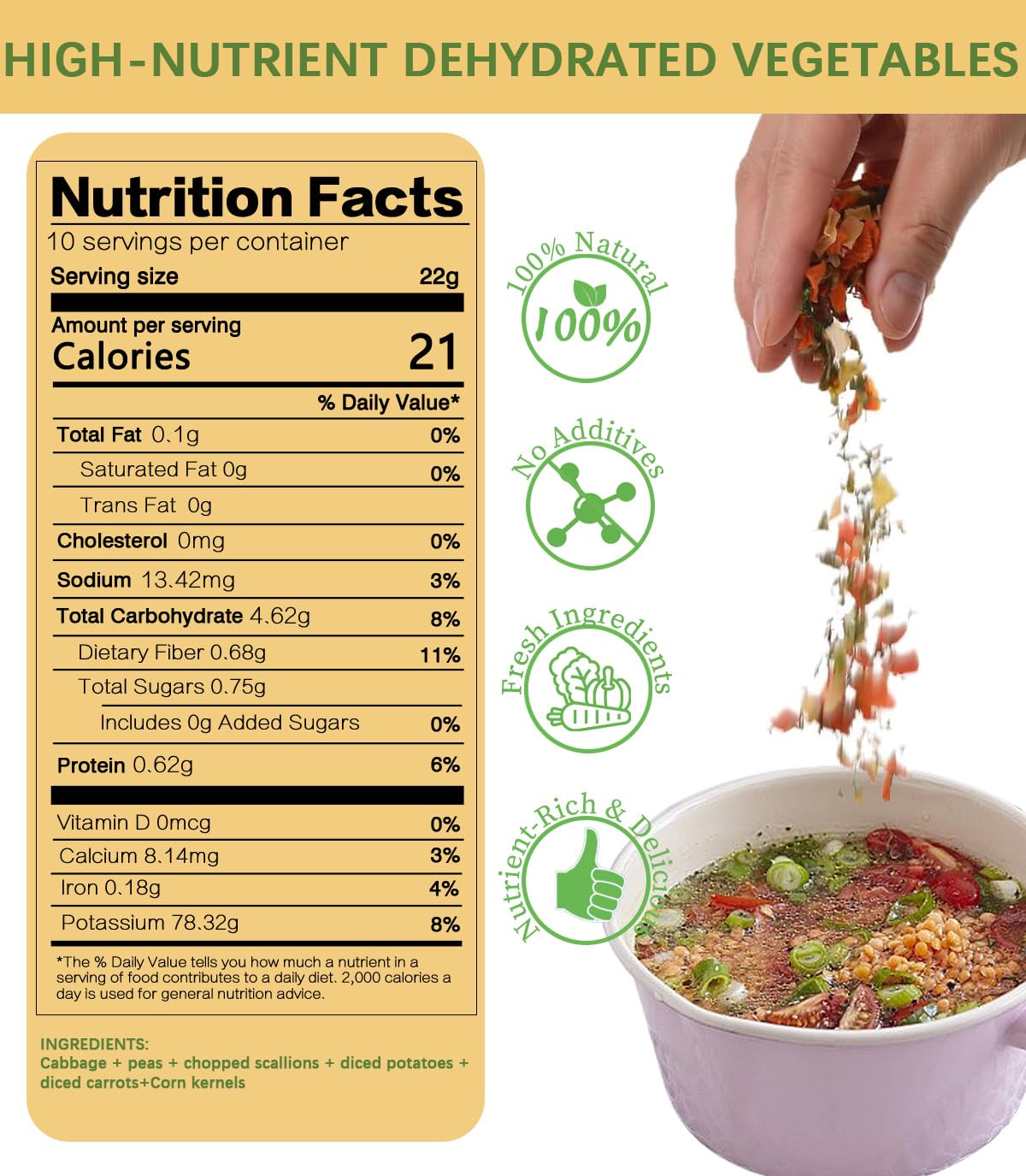 Dried Ramen Toppings, 220G/7.76OZ Dehydrated Vegetables, Natural Freeze Dried Vegetables, Carrots, Cabbage, Onions, Potatoes, Corn, Peas for Noodles, Pizza, Rice