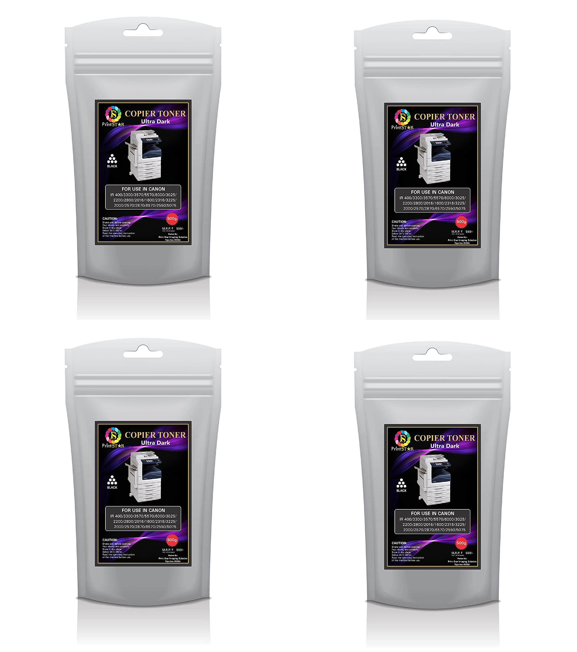PrintStar Ultra Dark Copier Toner Powder Compatible with Canon IR – 400 3300, 3570, 4570, 5000, 6000, 6570, 2200, 2270, 3225, 2525, 3035 (500GM) (Black) (Pack of 4)