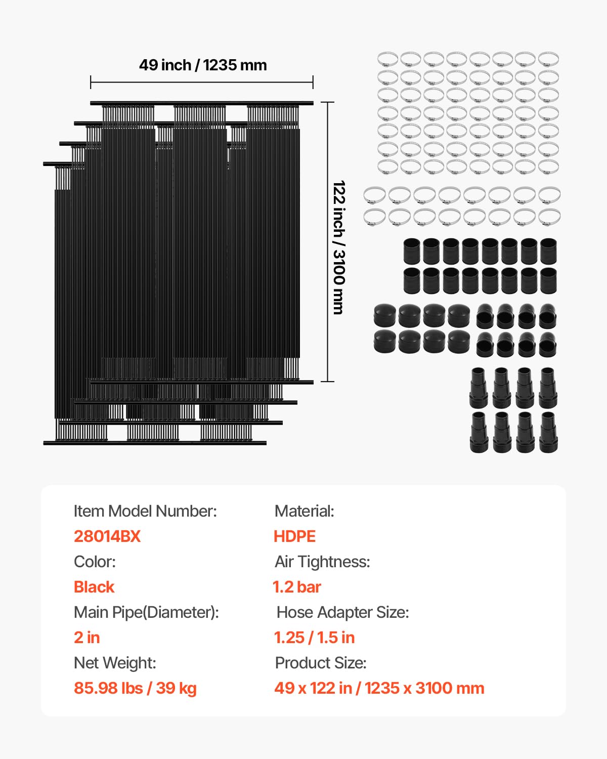 VEVOR Calentador Solar para Piscinas Sistema de Calefacción para Piscina de HDPE Panel Solar Universal Aumenta la Temperatura del Agua para Piscinas Elevadas y Enterradas 4 Piezas 1235 x 3100 mm