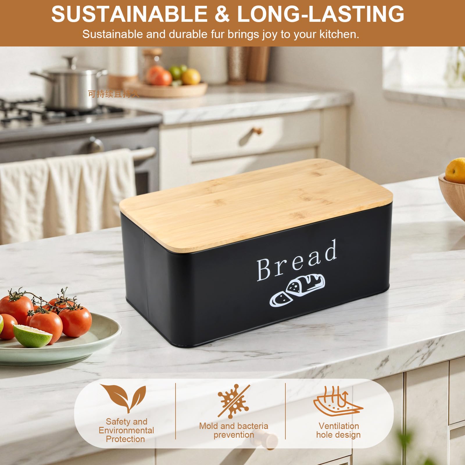 Joyan Panera Metálica con Tapa de Bambú y Bolsa de Algodón - Caja de Pan de Diseño Moderno con Ventilación para Mayor Frescura - Paneras para Guardar el Pan y Bollería en la Cocina