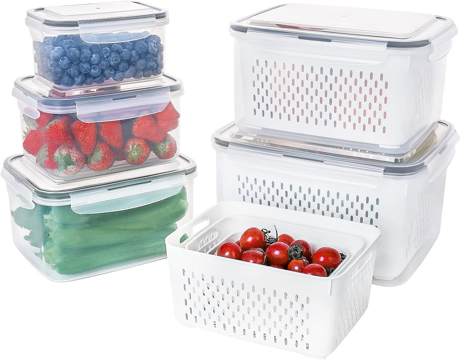 Wawasia 5 Pcs Large Fruit Containers for Fridge, Leakproof Produce Storage Keeper with Removable Colander, Fresh Storage Containers Sets for Fruit Berries Lettuce