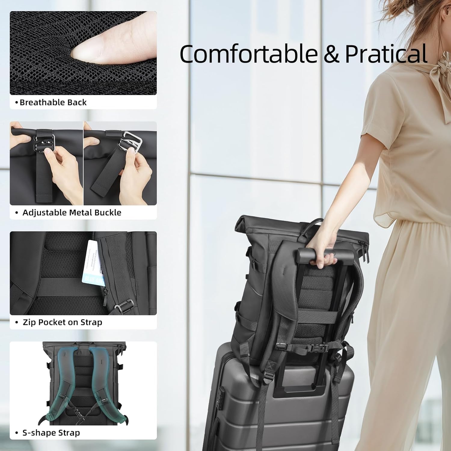 hk Rolltop Rucksack Herren Damen 15,6 Zoll Laptop Rucksack | Wasserdicht Groß Reiserucksack, Diebstahlsicherer Tagesrucksack Rolltop Backpack für Reise Outdoor Uni Arbeit Radfahren