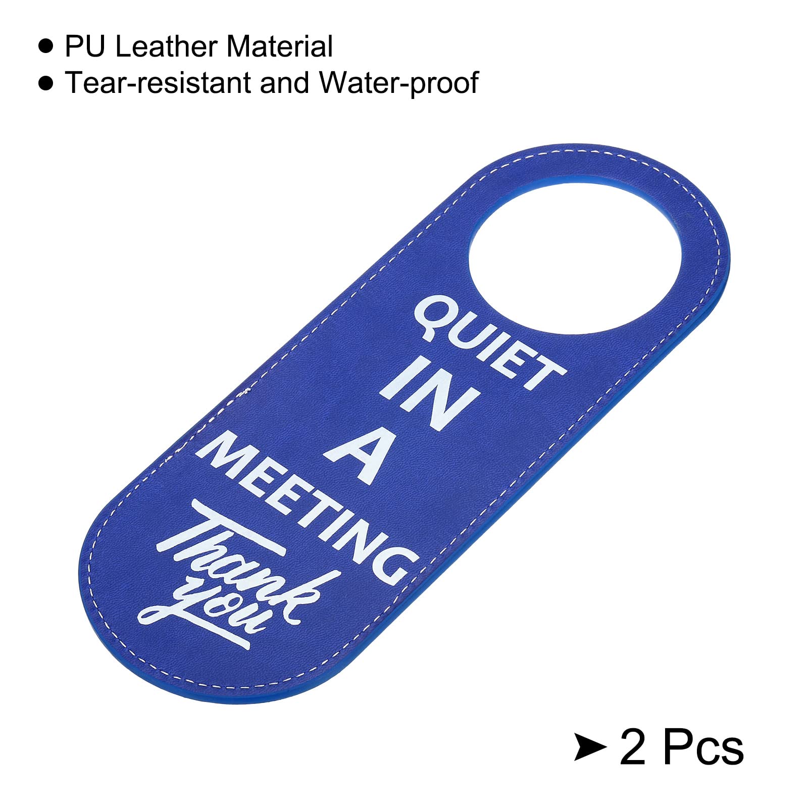 PATIKIL Quiet in Meeting Door Hanger Sign, 2 Pack PU Leather Double Sided Door Knob Privacy Sign for Office Home Meeting Blue - Image 3