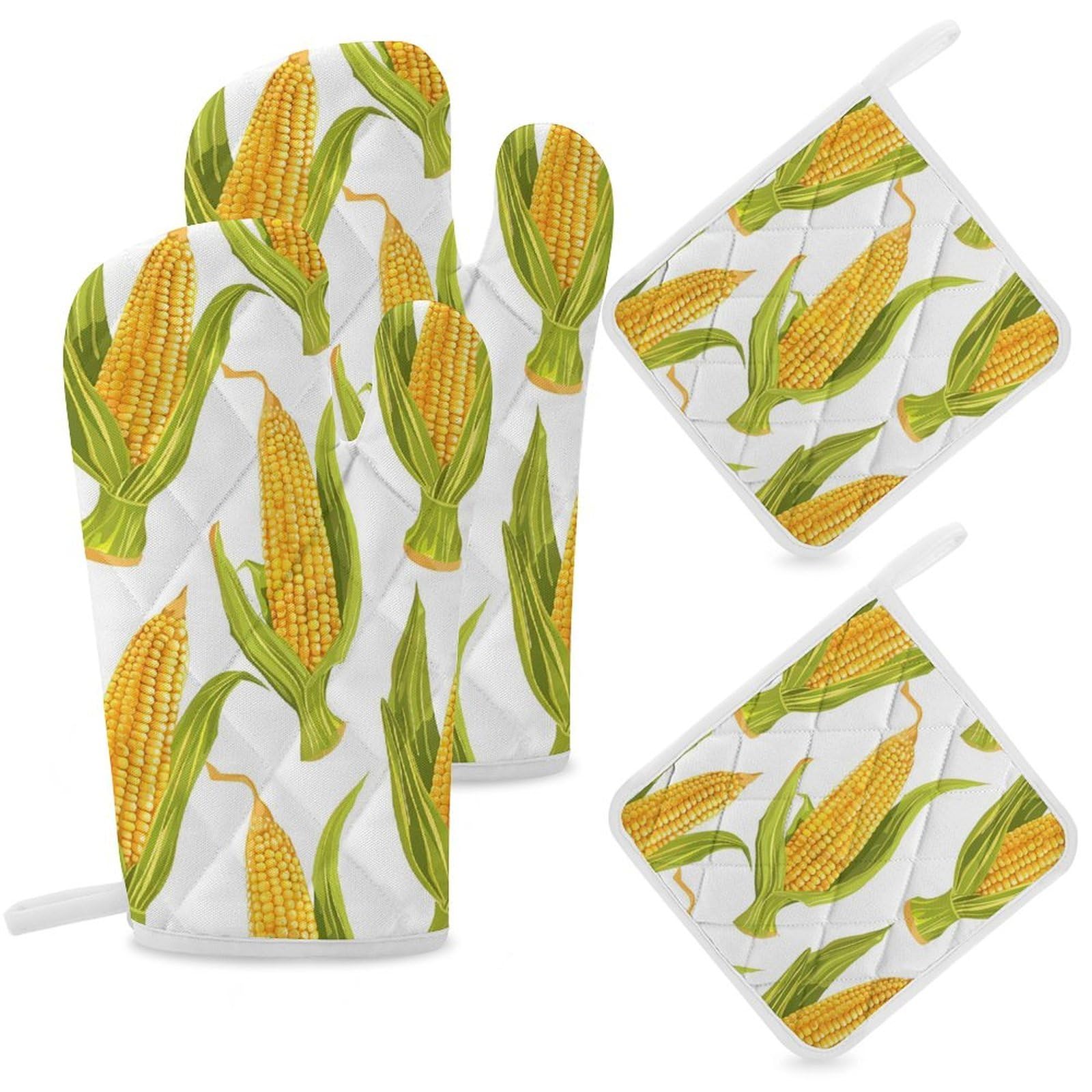 Oven Mitts And Pot Holders Sets of 4 Heat Heat Resistant Oven Gloves Non-Slip Kitchen Mittens Corn on The Cob Image Oven Mitts Hot Pads BBQ Gloves Potholders for Cooking Baking Grilling